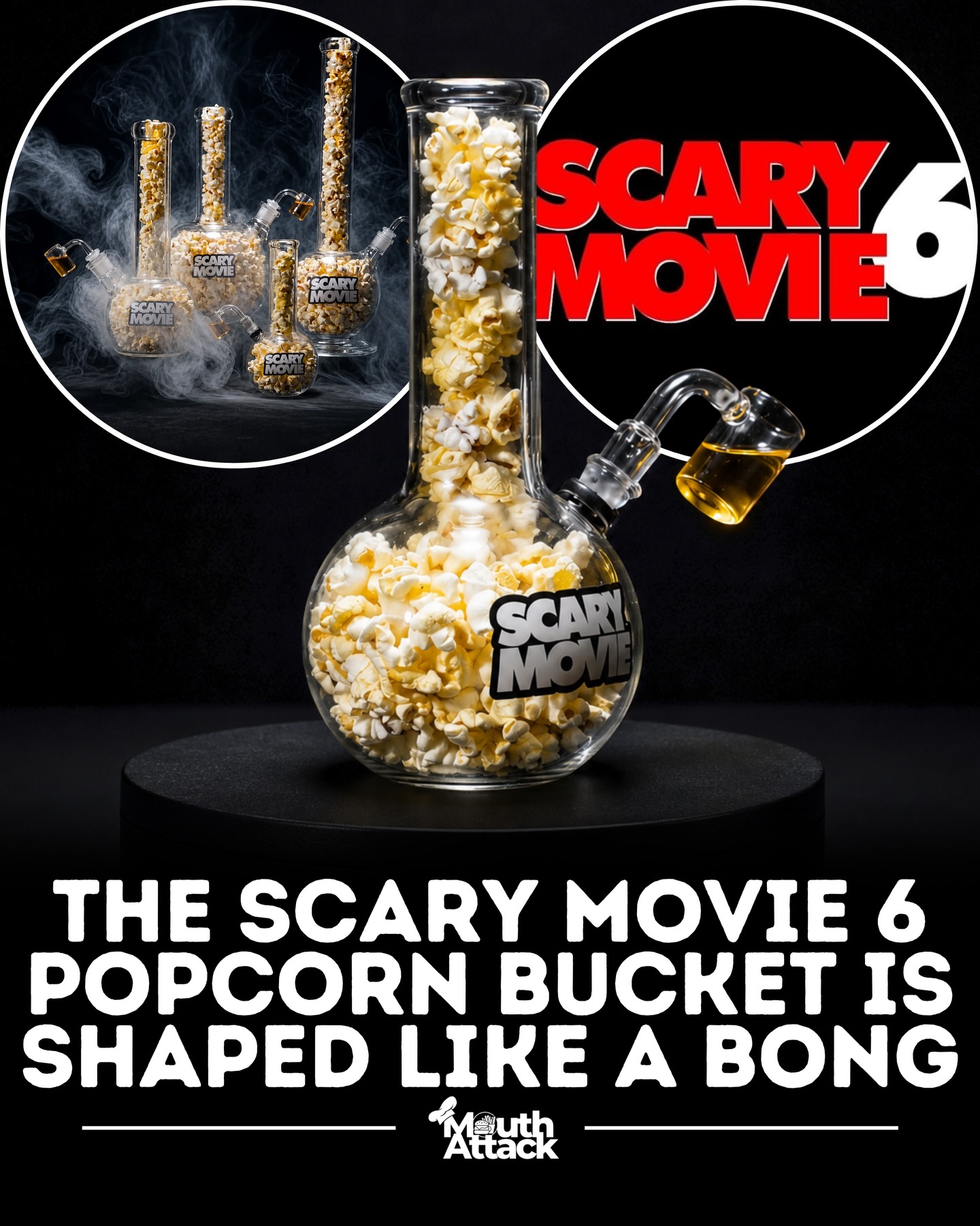 🍿🚨 The internet has officially lost it over the Scary Movie 6 popcorn bucket.

Designed to look like a giant glass bong filled with popcorn, the viral collectible even features a detachable “butter bowl” that pours movie theater butter directly into the bucket. The over-the-top design is a nod to the franchise’s legendary stoner humor and fan-favorite character Shorty Meeks. 😭💨

While the bucket is a real physical item, director Michael Tiddes confirmed it was created as a promotional prop. Paramount has since stated that the buckets are not for sale, and major theater chains reportedly passed on carrying them due to policies surrounding drug-paraphernalia-themed merchandise.

The bucket was shown in multiple sizes and instantly exploded across social media, becoming one of the most talked-about movie collectibles of the year. 🍿🔥
