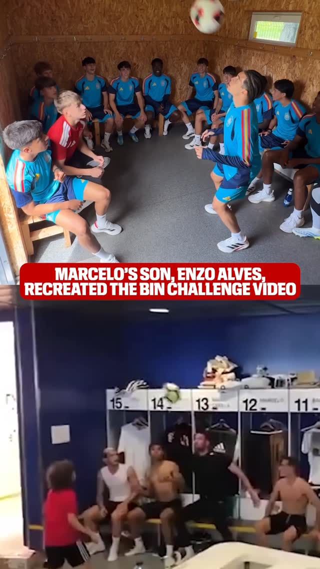 Enzo Alves recreated the viral challenge he did with the Real Madrid squad with his current Spain U17 teammates 🇪🇸

(via @sefutbol, @marcelotwelve)