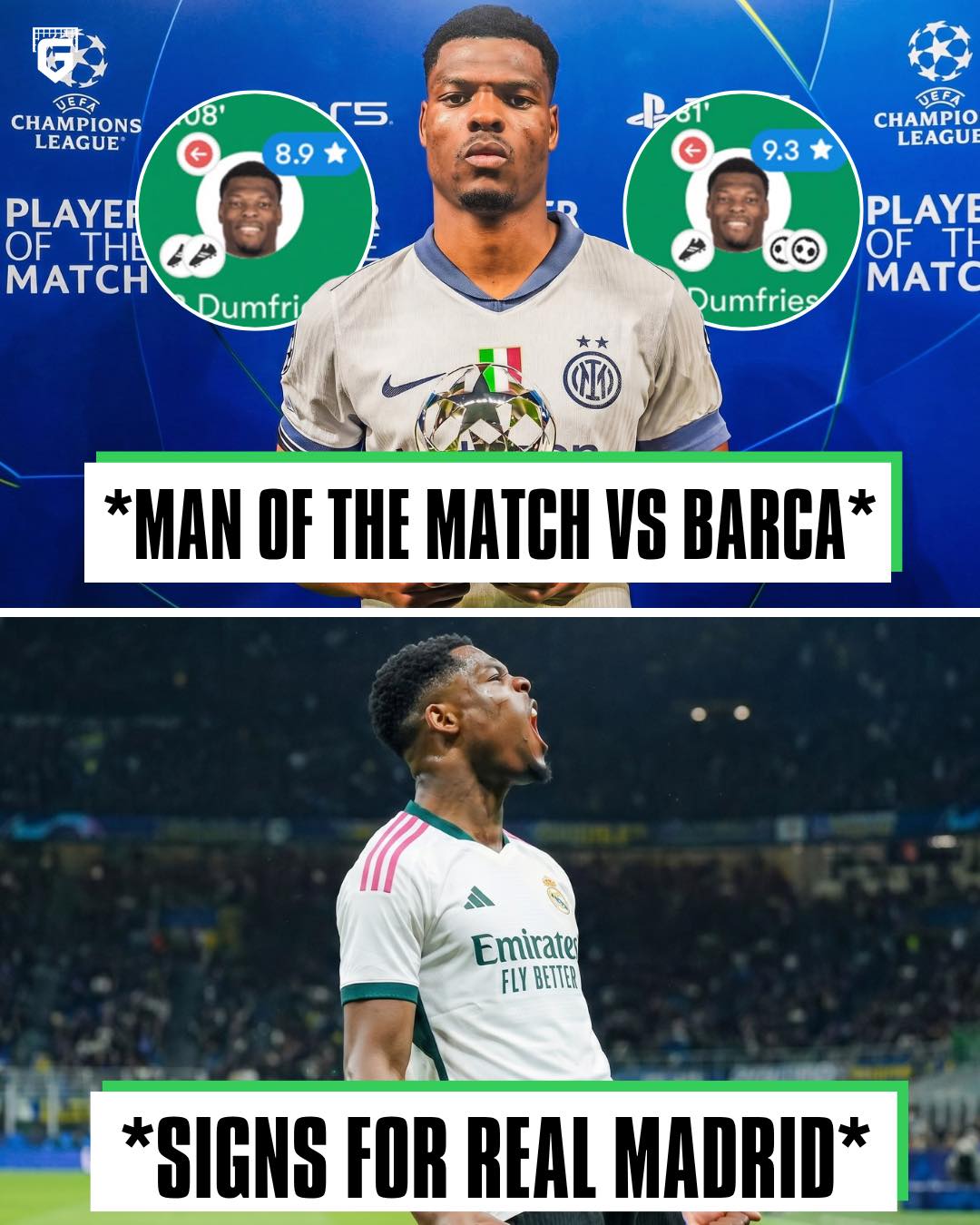 Never forget Denzel Dumbfries' incredible two legs in the 2024/2025 Champions League Semi Final classic between Inter and Barcelona 🤩

Dumfries scored TWO goals and got an assist in the first match, one of his goals being an overhead kick, taking home the Man of the Match award 🏅

He was just as prolific in the second leg against Barca, scoring a goal and assisting Acerbi's dramatic stoppage time equalizer, which would see Inter win in extra time...

Now he is set to join FC Barcelona's arch rivals, Real Madrid, for €20M... 😳