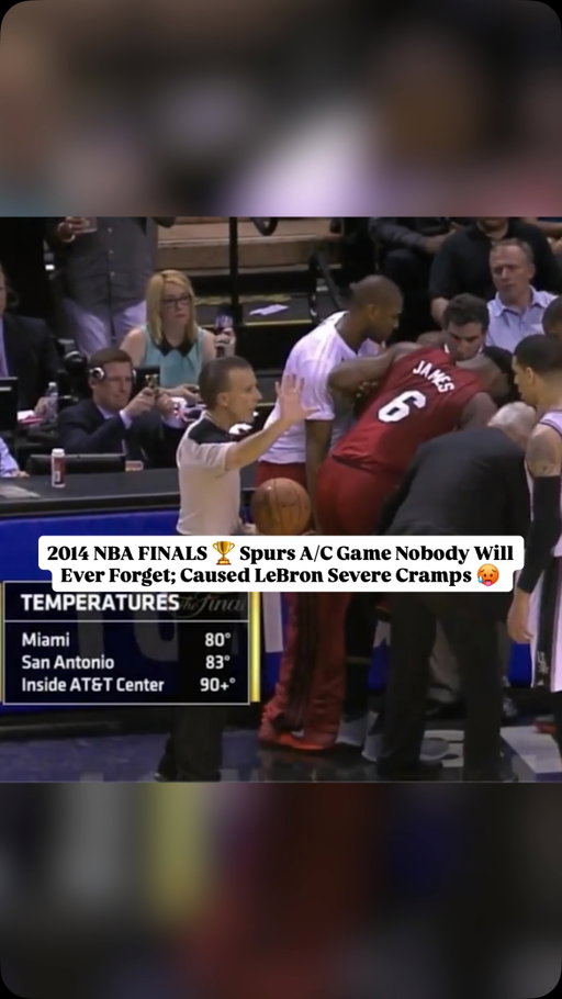 Game 1 of the 2014 NBA Finals became one of the most bizarre nights of LeBron James’ career. An air conditioning failure inside the Spurs’ arena turned the court into a sauna, with temperatures climbing above 90°F. Despite the brutal conditions, LeBron battled through dehydration and severe muscle cramps, repeatedly leaving and re-entering the game. With just over four minutes remaining and Miami trailing by two, he drove past Boris Diaw for a clutch layup to cut the lead to 94-92 before his left leg completely locked up from an intense muscle spasm, forcing teammates and trainers to help him off the floor.

The image of LeBron being carried to the bench instantly became one of the most talked-about moments in Finals history. He later required two and a half bags of IV fluids and said the soreness was so bad he couldn’t sleep that night. The incident sparked the viral “LeBroning” trend, social media criticism, and even wild conspiracy theories about the Spurs’ air conditioning system.

.
.
#spurs #lebronjames #nbafinals #timduncan #lebron