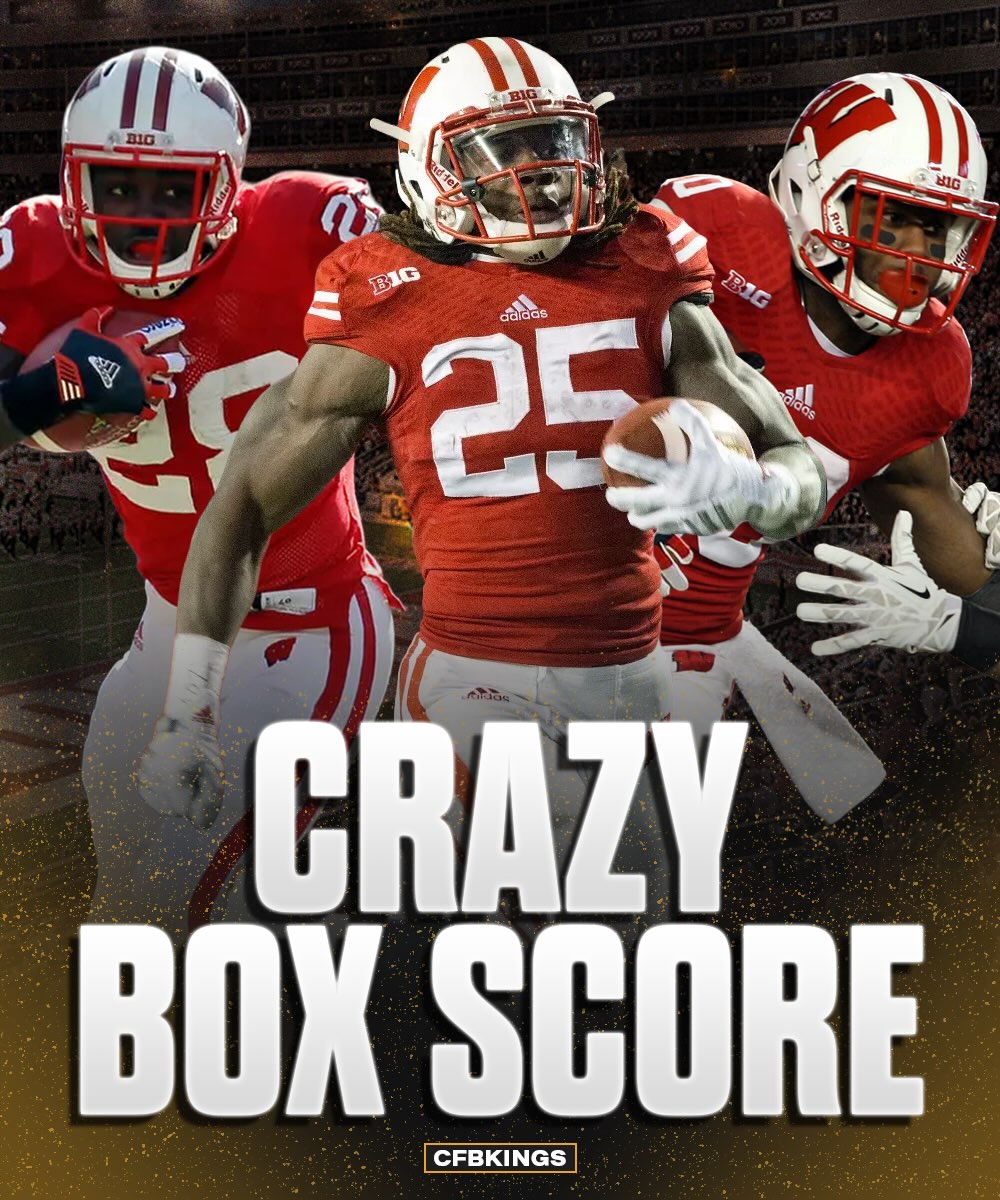 In the 2012 B1G Championship, Wisconsin put up one of the best rushing performances in College Football history 🔥

The Badgers ran the ball 50 times for 539 yards (10.8 YARDS PER CARRY) and 8 touchdowns.

They were led by the historic trio of Melvin Gordon, Monte Ball, and James White.

Gordon: 9 carries, 216 yards, 24.0 YPC, TD
Ball: 21 carries, 202 yards, 9.6 YPC, 3 TDs
White: 15 carries, 109 yards, 7.3 YPC, 4 TDs

All three RBs had at least one run of 55+ yards.

Wisconsin went 7-5 in the regular season, but made the B1G Championship game and scored 70 POINTS in their 39-point victory over 10-2 Nebraska.