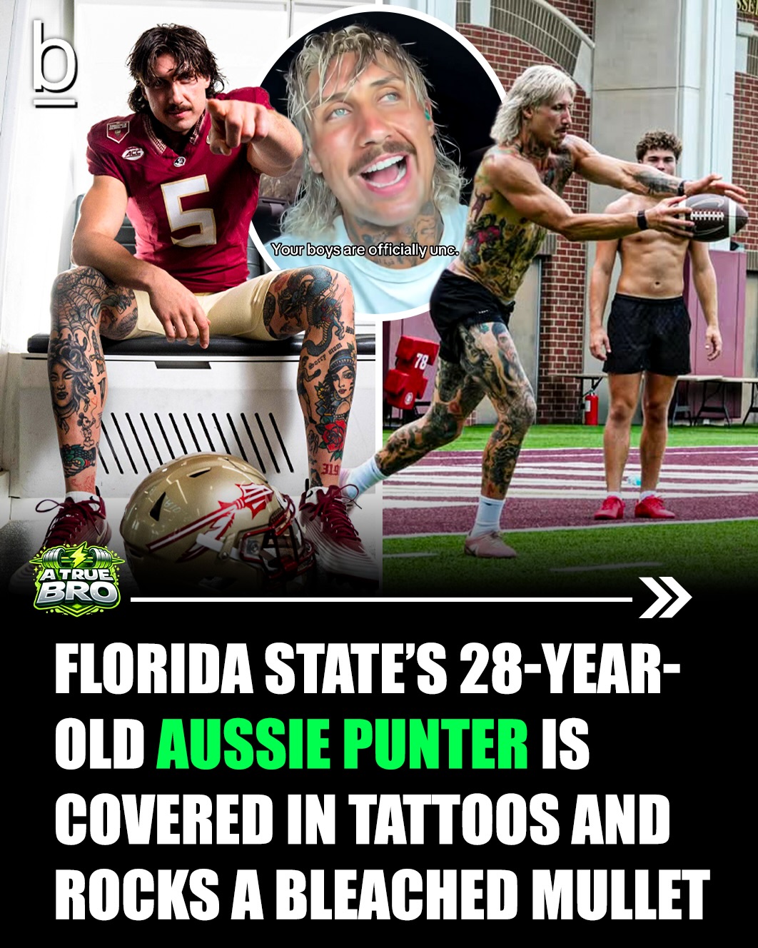 Meet your new favorite college football player: Florida State punter Daniel Hughes. @dhughes__ 🏈

The 28-year-old Aussie is 6-foot-5, 238 pounds, covered in tattoos from head to toe, rocks a bleached blonde mullet, and only started playing American football in 2023.

Hughes grew up in Melbourne chasing a dream of playing in the AFL, reached the semi-pro level, then pivoted to punting through Prokick Australia. 🇦🇺 

That journey took him from junior college in San Francisco to New Mexico, where he became one of the best punters in the country and a Ray Guy Award semifinalist. 

Now he’s headed to Florida State after averaging 45.4 yards per punt last season with 13 punts inside the 20 and 13 more of 50+ yards. 🔥

And because of the way eligibility rules work, there’s a chance he’ll still be playing college football when he’s 31 years old.

Between the accent, the tattoos, the mullet, and one of the wildest paths to major college football you’ll ever see, there is nobody else in the sport quite like Daniel Hughes. 👍

He absolutely rocks. 🤘

Follow 👉 @brobible for all things “dude” 😎 

#guys #dudes #football #men #bros
