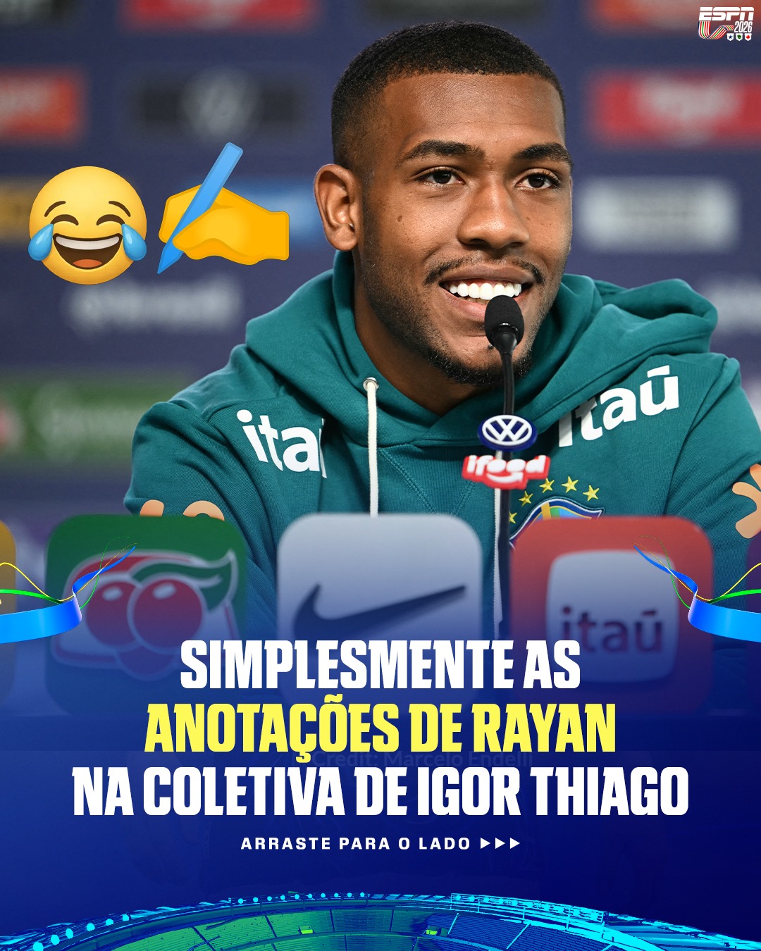 ABSURDO! 😂 Durante a coletiva de Igor Thiago, Rayan fez diversas anotações e "avaliou" cada resposta do seu companheiro de seleção brasileira. 

#ESPN2026 #selecaobrasileira #rayan #futebolnaespn 

📷 Rafael Ribeiro/CBF