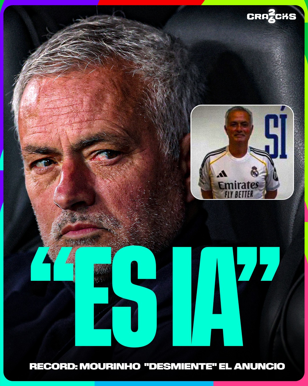 🚨😳 MOURINHO "DESMIENTE" EL ANUNCIO DE FLORENTINO PÉREZ

📞 Según Record, José Mourinho se puso en contacto con el Benfica para aclarar que nunca grabó el vídeo en el que aparecía con la camiseta del Real Madrid

🤖 El técnico portugués asegura que las imágenes fueron generadas con inteligencia artificial

⚠️ El vídeo había sido publicado por la campaña de Florentino Pérez para anunciar a Mourinho como futuro entrenador del Real Madrid en caso de ganar las elecciones