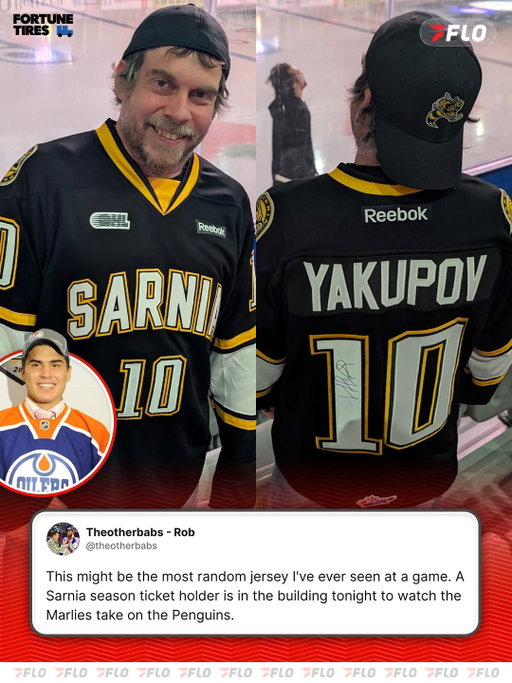 This might be the most random jersey we've ever seen at a game. A Sarnia season ticket holder is in the building tonight to watch the Marlies take on the Penguins. 

Presented by @fortunetiresusa 

#AHL #OHL #CalderCup #FortuneTiresUSA #Hockey