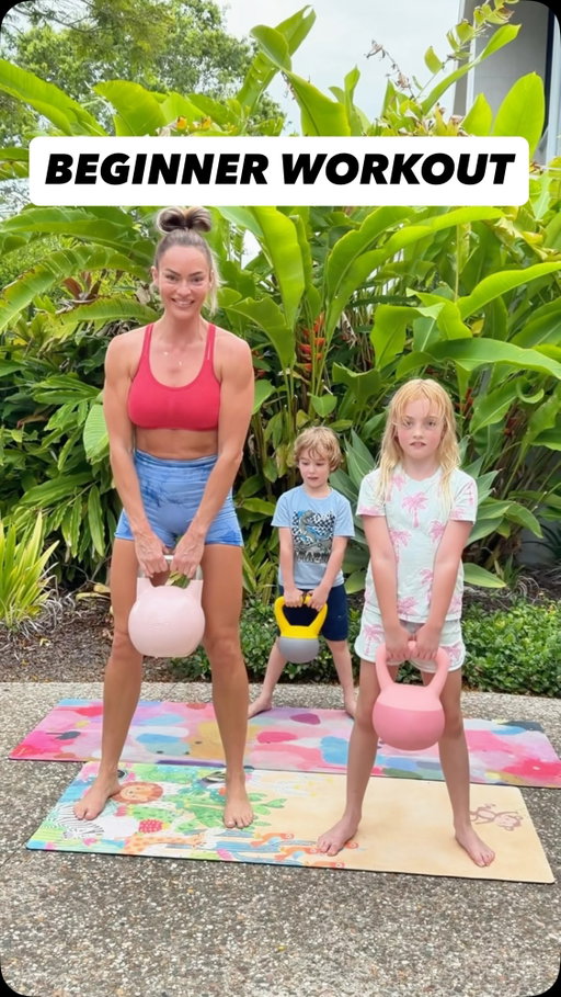 BEGINNER WORKOUT (full body)
 - with the help of my kiddies. 😜

2-3 Rounds:

• KB Goblet Squat × 10-12
• KB Sumo Squat × 10-12
• KB Deadlift × 10-12
• Mountain Climbers × 20
• Push-ups/Knee Push-ups × 8-10
• Glute Bridge × 12-15
• V-Ups × 10
• Bicep Curls × 10-12

Rest as needed 

P.S. If you’re a beginner - I have something for you coming to my FIT App soon. 🙌🏼