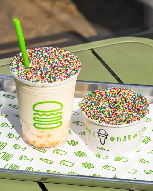 You loved it, so we’re making it a thing. For one day only in NYC, we’re serving a limited supply of Vanilla Dot Cake Shakes and Vanilla Dot Cake Sundaes at our West Village Shack, tomorrow (6/5).
 
Vanilla Dot Cake Shake
Vanilla frozen custard hand-spun with vanilla cake pieces, poured over a layer of vanilla cake, topped with whipped cream and a layer of rainbow sprinkles.
 
Vanilla Dot Cake Sundae
A layer of vanilla cake, topped with vanilla frozen custard and a layer of rainbow sprinkles.
 
Available while supplies last.