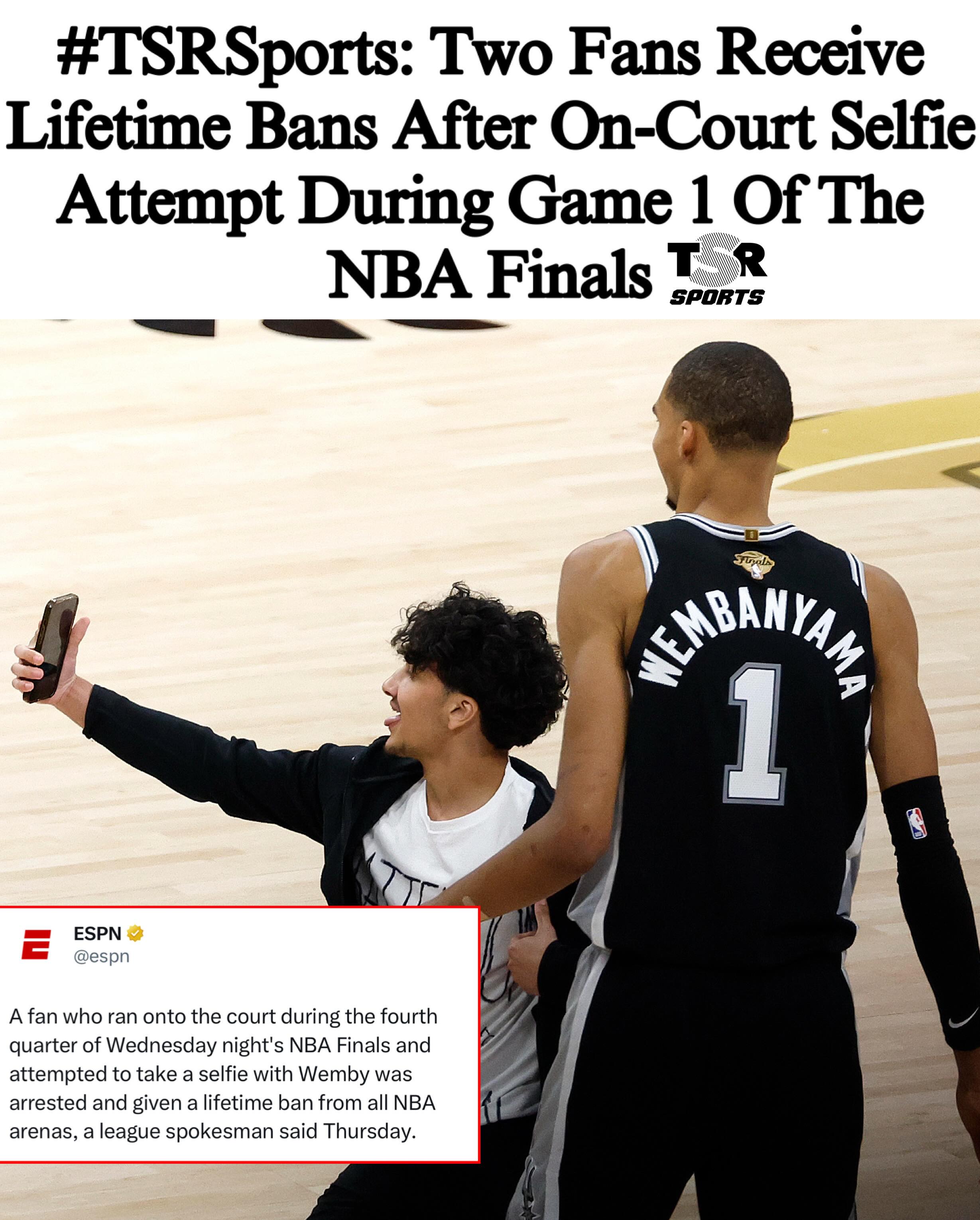 TSR STAFF: Jade Ashley @Jade_Ashley94 
____________________________________
#TSRSports: Wednesday night was Game 1 of the NBA Finals, and the Knicks walked away with the win, defeating the Spurs 105-95. Aside from the game itself, one other moment talked about happened during the game’s fourth quarter.
____________________________________
A fan ran onto the court and attempted to take a selfie with Spurs star #VictorWembanyama. Now, that fan, along with another, has received a lifetime ban from the NBA’s arenas. 
____________________________________
According to @espn, a league spokesperson shared that the fan who ran onto the court was arrested and given a lifetime ban from all NBA arenas. The spokesperson added, “A second individual will also receive a lifetime ban for his role in the incident.” 
____________________________________
After the game, Wembanyama reflected on the moment and said, “I didn’t know how to act. It really surprised me, almost as much as that time [when] a bat crossed the court.” Spurs coach Mitch Johnson also addressed the situation and said, “I don’t think it was an event at all. I thought security got him out of there. I think everybody moved on to the next play.” (📸: @gettyimages) ✍🏾: #TSRStaffJW