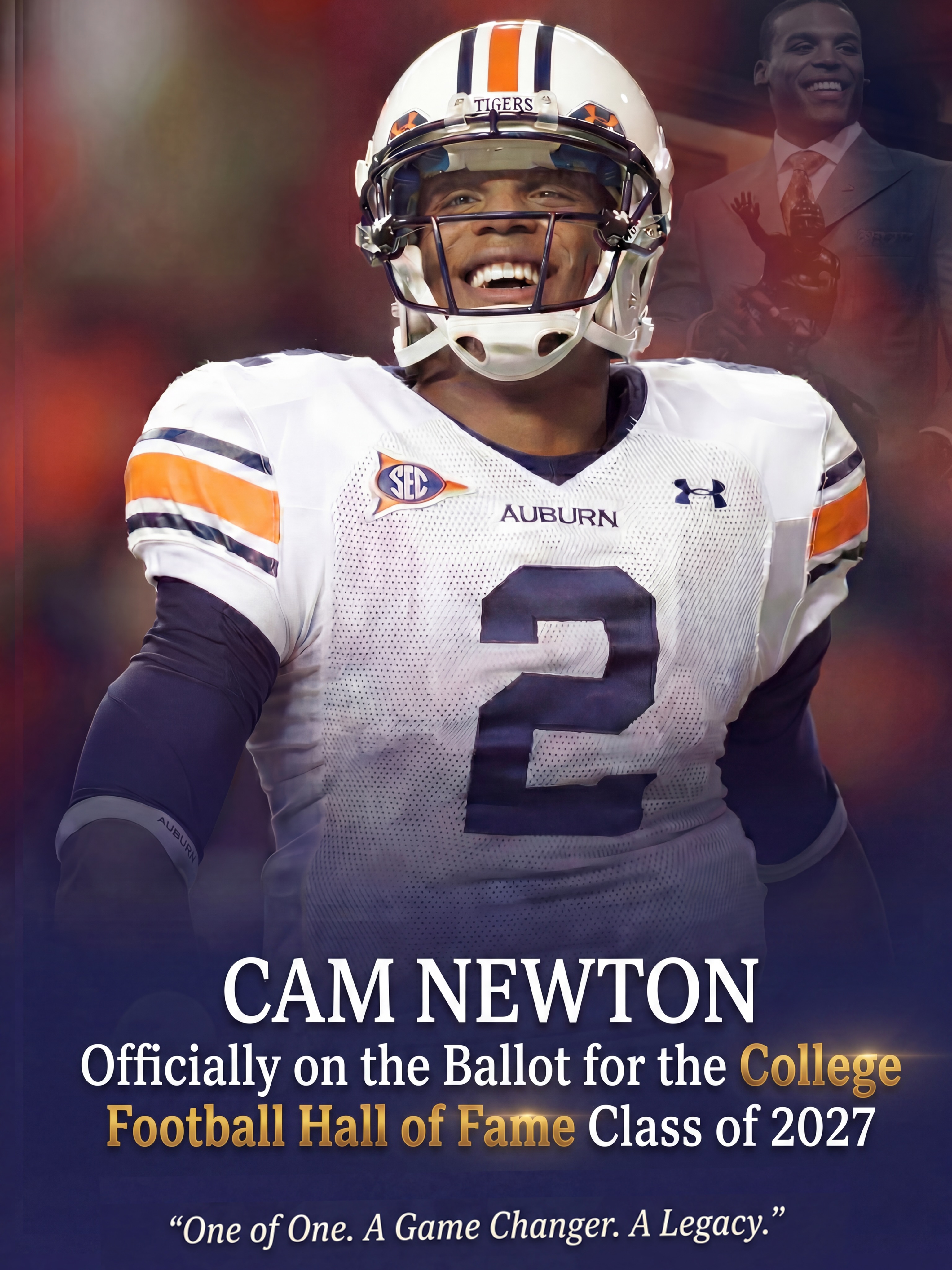 Big Congrats to @cam 🤟🏾on Officially being Nominated for the College Football Hall of Fame Class of 2027! 

This is just step one of the voting process, but the legacy speaks for itself. Drop a 🏆in the comments and let ‘em know why QB1 belongs in the Hall!

#C1N #CamNewton  #CFBHOF #Auburn