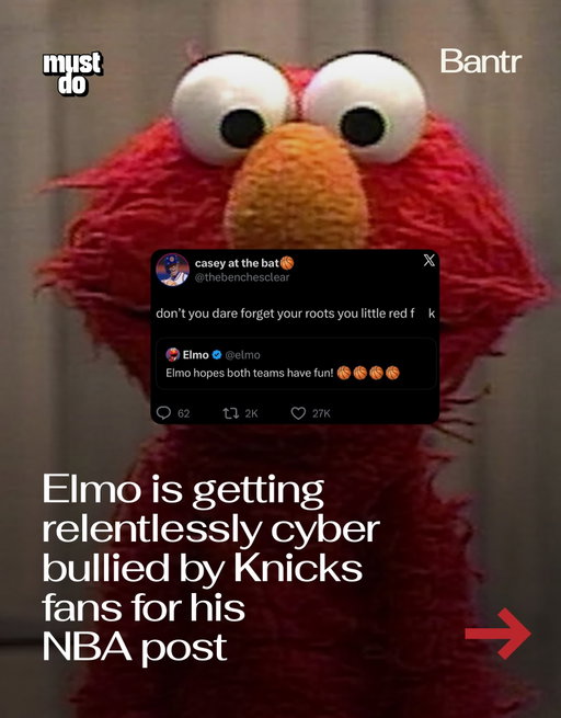 New York has zero chill 💀

Ahead of Game 1 of the NBA Finals, Elmo posted that he hoped “both teams have fun.”

Unfortunately for Elmo, he’s from New York.

Knicks fans immediately flooded the replies, reminding him that neutrality is apparently no longer an option when the city’s first NBA Finals appearance in 27 years is on the line.

The Knicks may have stolen Game 1 in San Antonio, but the real casualty of the Finals so far appears to be Elmo’s mentions.

By the way, we have a weekly newsletter rounding up all of the biggest stories so you don’t have to. One newsletter. Once a week. Link in bio.

Media via Elmo/Twitter/Shutterstock

#readbantr #nyknicks #viral #funny #elmo
