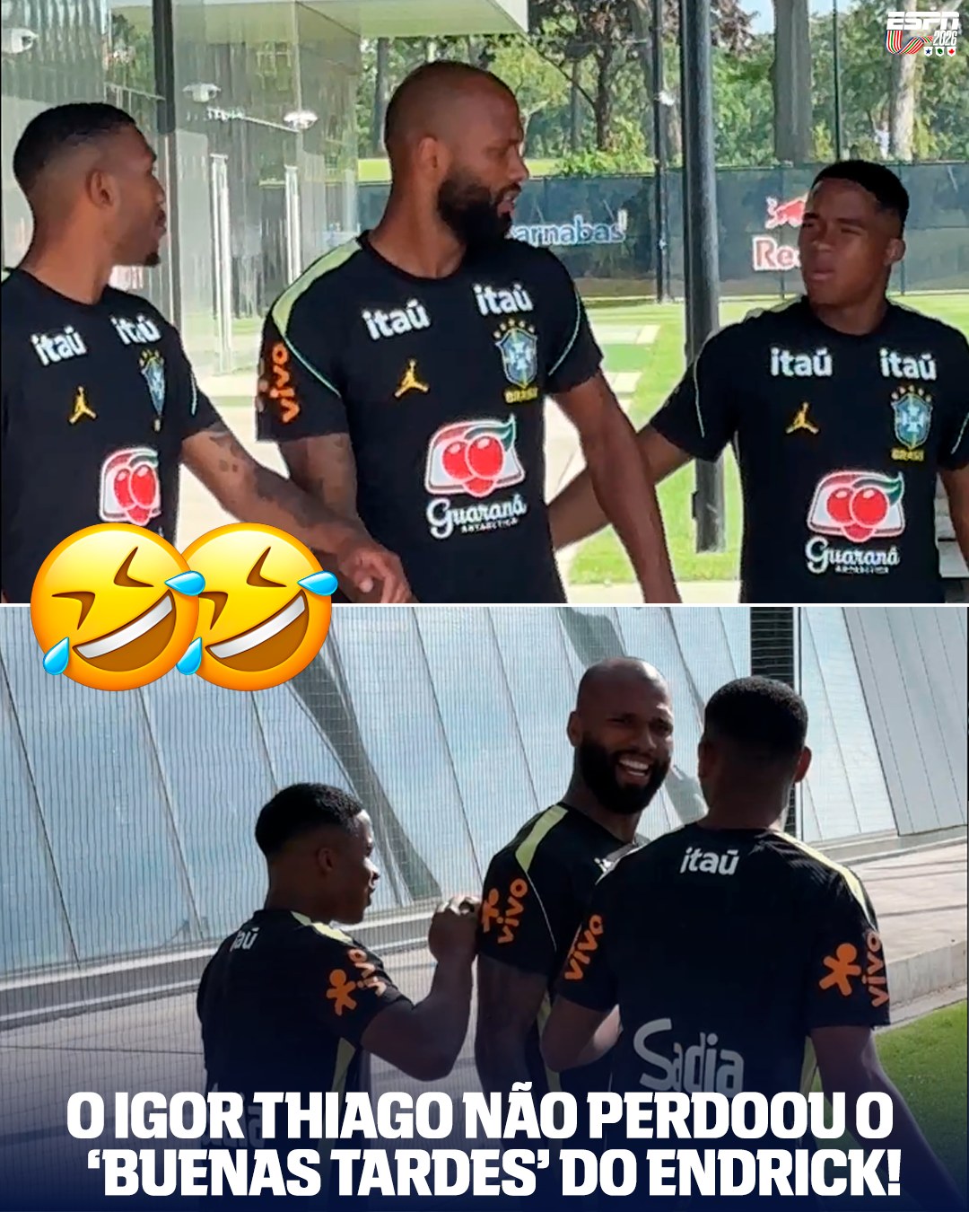 ESSE TRIO TÁ UMA RESENHAAAA!! 🤣🔥🤣🔥 Depois das anotações de Rayan, falando que Igor Thiago não 'HABLAVA' BEM o espanhol, o Endrick resolveu falar um 'BUENAS TARDES' para os nossos repórteres! E o centroavante do Brentford NÃO PERDOOU!

#ESPN2026