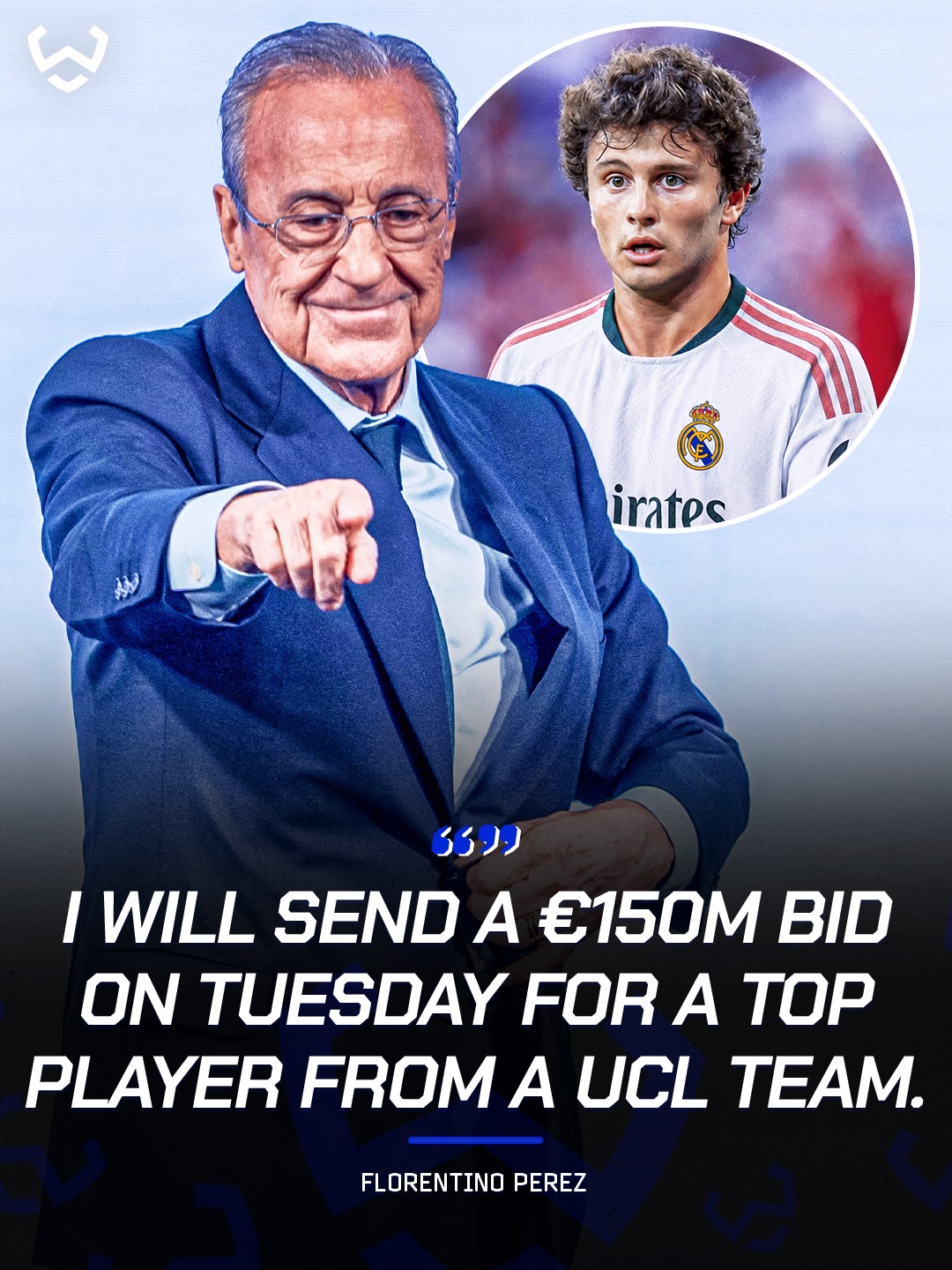 A €150M move could be on the cards at Real Madrid 🤯💰

Florentino Pérez is said to be targeting a young superstar viewed as a future Galáctico, but the player isn’t from the Premier League and isn’t any of the names already mentioned.

Haaland? No.
Olise? No.
Doku? No.
Kane? No.
Enzo? No.

So who’s worth a club-record bid in Pérez’s eyes? 👀