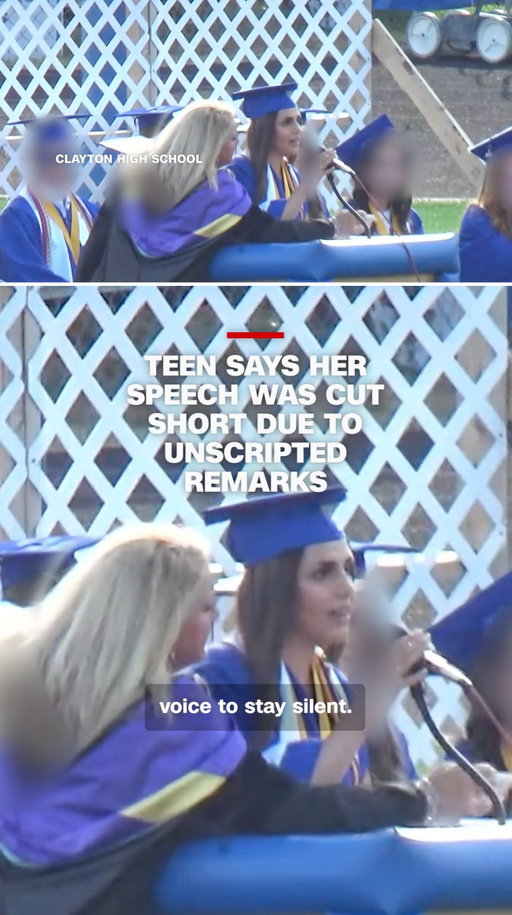 17-year-old Leen Hijaz says remarks she made at her high school graduation were cut off after she mentioned people suffering in different countries around the world. Her school district says administrators intervened so the "school-sponsored event remained consistent with its intended purpose."