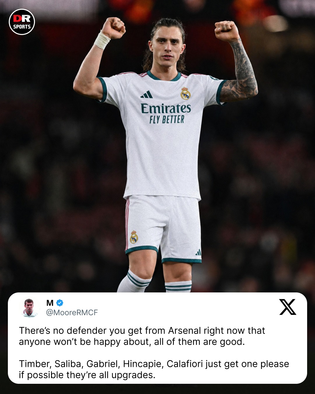 Riccardo Calafiori is reportedly a target for Real Madrid this summer... however, the problem is that he's happy at Arsenal and the Gunners have no intention of selling him 🚫

Can Real Madrid get Calafiori this summer? 👀 

#RealMadrid #Calafiori