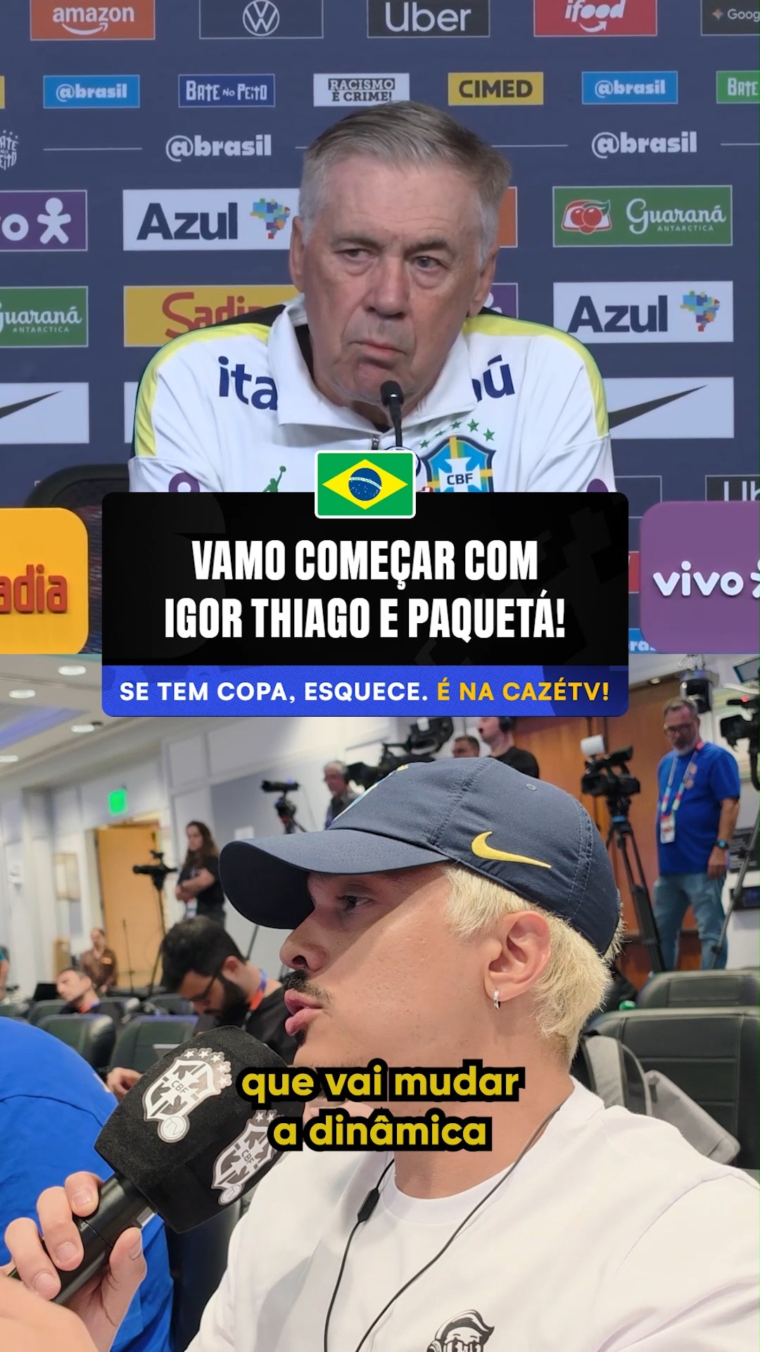 CHICO TÁ DANDO AULA NAS COLETIVAS, PÔ! 👏🏾🎙️

O @chicomoedas perguntou o motivo das alterações no time principal, e o Carleto explicou a utilização de Igor Thiago e Paquetá entre os titulares no próximo amistoso. 

#TempoRealCazéTV #Brasil #ElencoCazéTV #cztv34