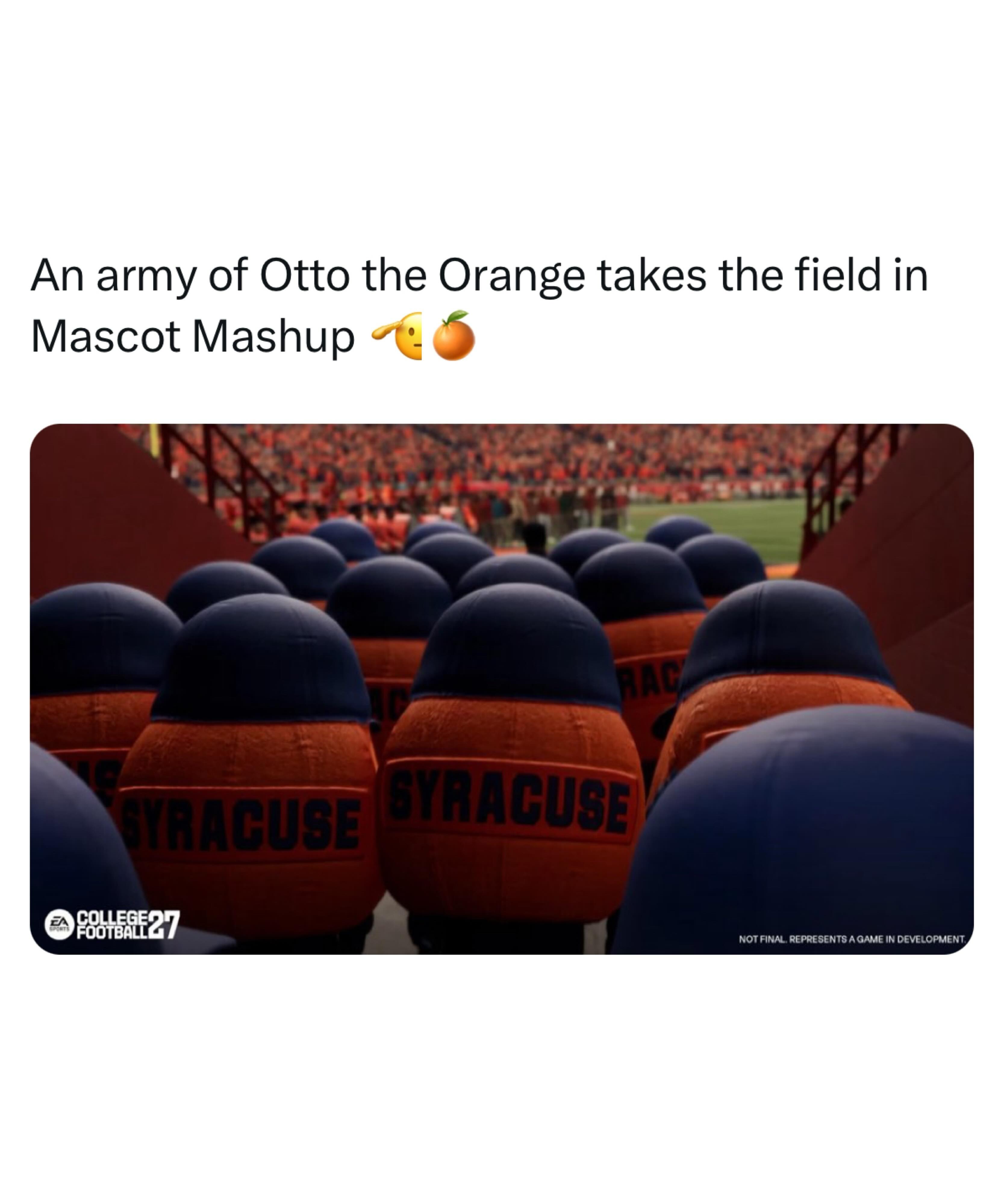 For the first time in 13 years, Mascot Mashup is back in a College Football video game.

Mascot Mashup is an 11v11 mode where every player on each team is that school’s mascot. Every mascot is a 99 overall. The mascots have special abilities/different types of movement.

We’ll have the ability to unlock different mascots through in-game achievements. There are 120 mascots in total.