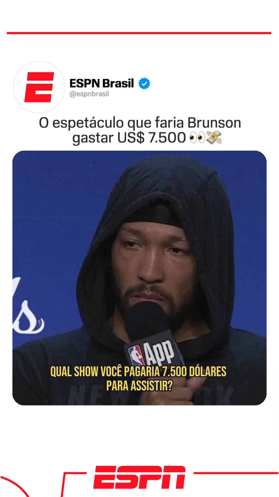 🎟️ US$ 7.500 por um ingresso no Madison Square Garden para a final Knicks x Spurs. Perguntaram a Jalen Brunson: qual show valeria esse preço? 💥 E a resposta do astro foi... 👀

Via ESPNDeportes (X)

#NBAnaESPN #jalenbrunson #knicks #michaeljackson