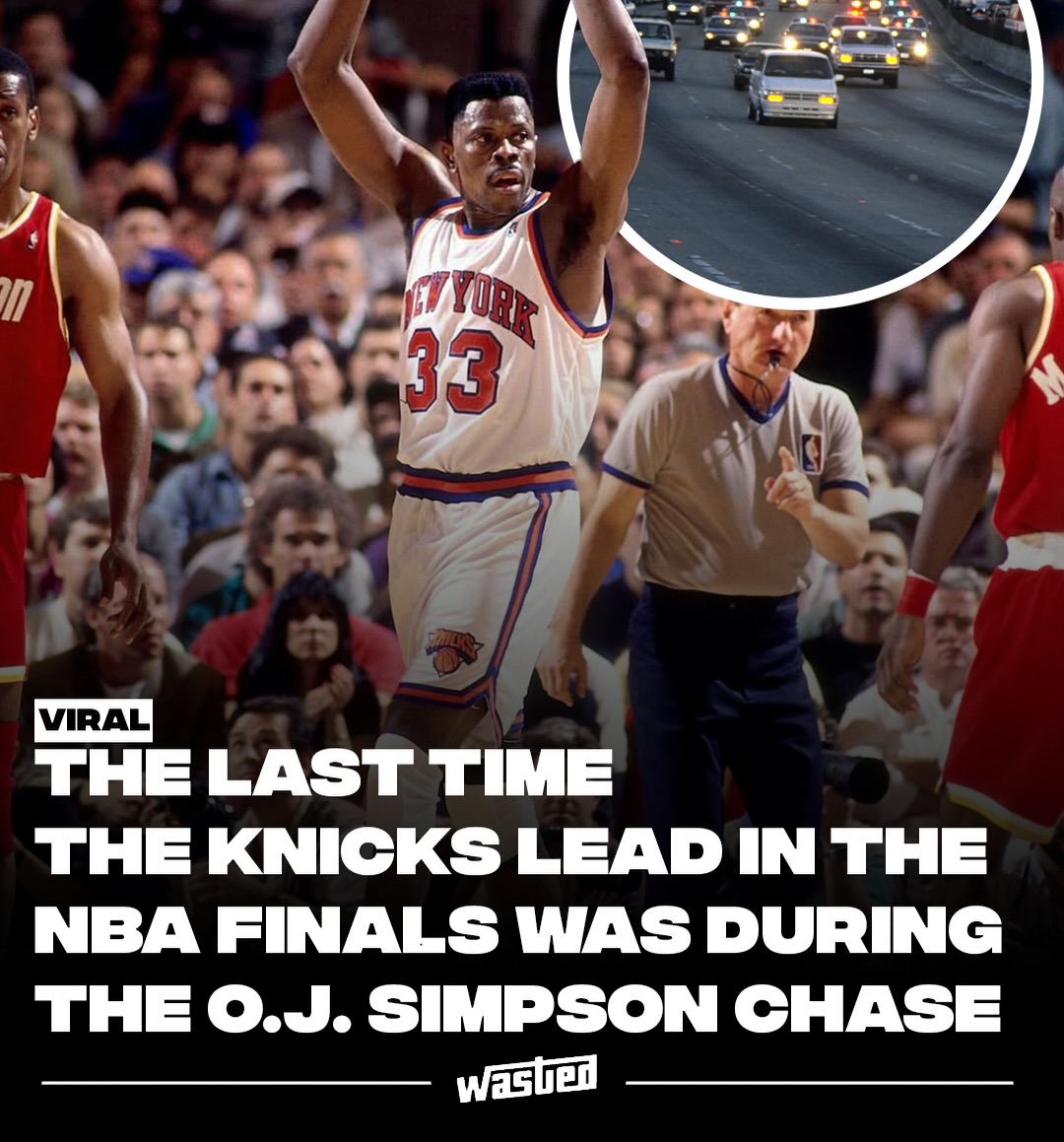 The New York Knicks last held a lead in the NBA Finals on June 17, 1994, during Game 5 of their series against the Houston Rockets. They won that night 91-84 at Madison Square Garden, powered by a then-record eight blocks from Patrick Ewing, to take a 3-2 series lead. They would lose the next two games in Houston and the title, and not lead in a Finals again for 32 years.

The date is seared into American memory for another reason entirely. As the Knicks and Rockets played, O.J. Simpson, having failed to surrender on murder charges, led police on the infamous slow-speed white Ford Bronco chase across Los Angeles freeways. An estimated 95 million people watched. NBC broke from the game repeatedly, eventually shrinking the Finals into a small corner box while Tom Brokaw narrated the pursuit, muting Marv Albert's commentary.

The crossover became one of the strangest moments in sports broadcast history. Al Cowlings later said Simpson, gun to his head, asked him to drive slower so he could catch the end of the game on the radio.

Sources: Sports Illustrated, Sportico, Fox News.