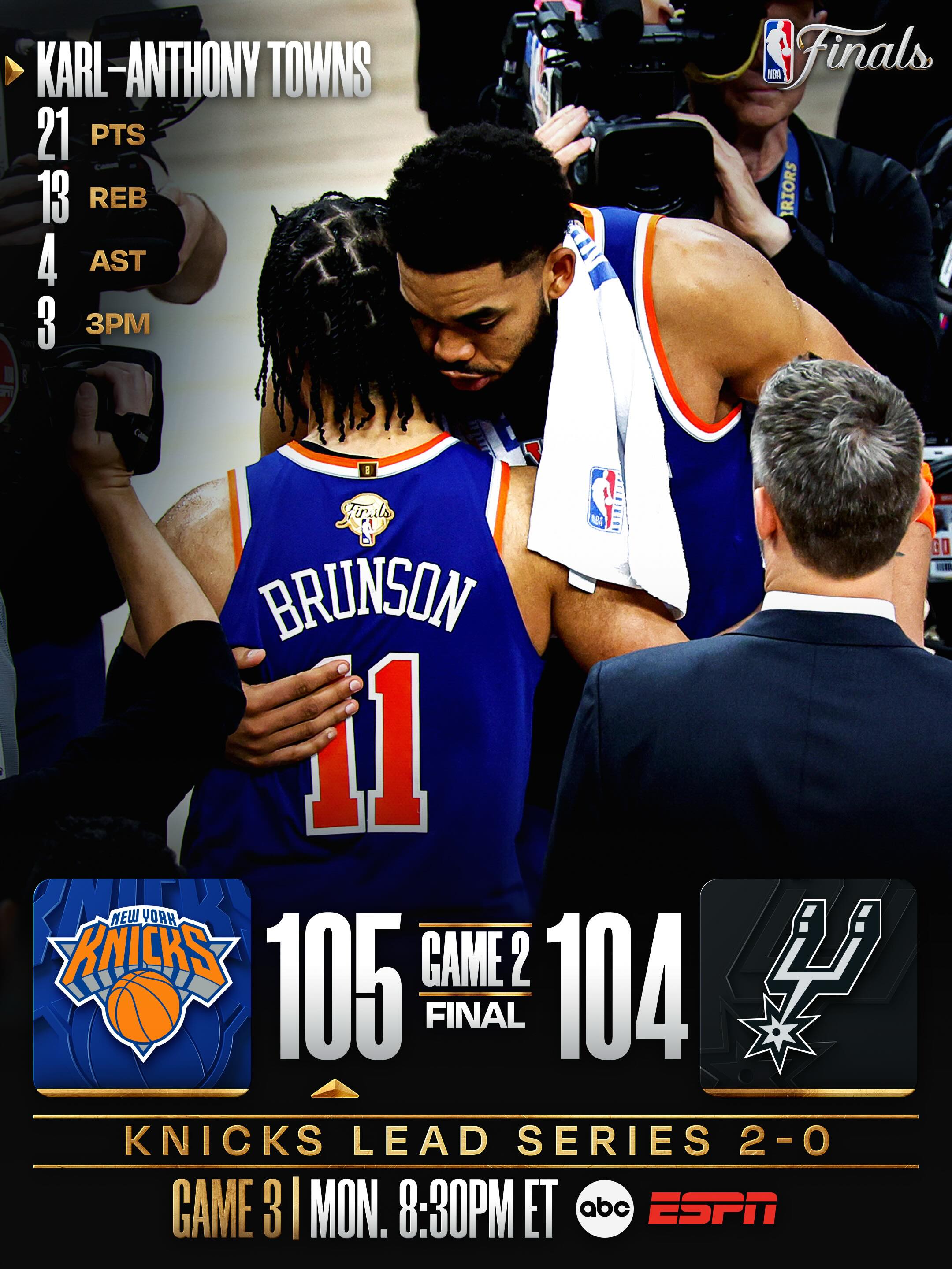 The @nyknicks survive a WILD FINISH in Game 2 to take a 2-0 series lead in the NBA Finals! They have now won 13 STRAIGHT postseason games as they head back to New York for Games 3-4! 🏆

SAS/NYK Game 3: Monday, 6/8 at 8:30pm/et on ABC & ESPN