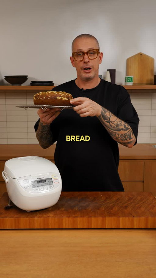 Rice cooker banana bread 🍌 

- 4 overripe bananas, peeled
- 2 eggs
- 60ml milk
- 120ml olive oil
- Sea salt
- 1 tsp ground cinnamon
- 1 tsp baking powder
- 1 tsp bicarbonate of soda (baking soda)
- 50g (1.7 oz) rolled oats, plus extra for sprinkling
- 120g plain (all-purpose) flour
- 110g wholemeal flour butter, to serve

method

Using a fork, mashthe bananas in a large bowl. Next, add the eggs, milk and olive oil, then whisk to combine well. Chuck in a pinch of salt, the cinnamon, baking powder and bicarb, as well as the rolled oats and both the flours. Give everything a good whisk until just incorporated, then pour the batter into the greased rice cooker bowl, and sprinkle more oats on top. 

start the rice cooker for one cycle and then leave to rest once cooked in the rice cooker for 10 min. 

Remove and leave on a rack to cool before you slice and serve with butter and honey.