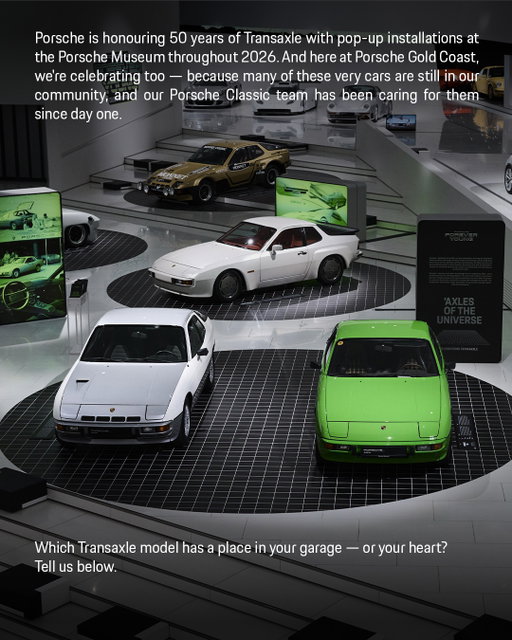 Forever Young. Celebrating Transaxle.​

Half a century. Nearly 400,000 vehicles. Four model lines that rewrote what a Porsche could be.​

From 1976 to 1995, the 924, 928, 944 and 968 carried the Transaxle principle into the world - engine at the front, transmission at the rear, balance as the philosophy. It wasn't just an engineering choice. It became a generation's introduction to the Porsche experience.​

The Porsche Museum is honoring these icons with a series of pop-up installations throughout 2026, capturing the neon energy and technological optimism of the 1980s era that defined them.​

At Porsche Gold Coast, we hold this chapter close. These are the cars that brought many of our customers into the Porsche family - and their spirit is still very much alive on the Gold Coast roads.​

Which Transaxle model speaks to you? Drop it below. 👇​​

📍 125 S Service Rd, Jericho, NY 11753​
📞 (516) 758-0800​
🔗 goldcoast.porsche.com

#PorscheGoldCoast #Transaxle #ForeverYoung #Porsche50Years #Porsche924 #Porsche928 #Porsche944 #Porsche968 #PorscheHeritage #PorscheAustralia #ClassicPorsche #GoldCoast #QLDMotoring #porsche