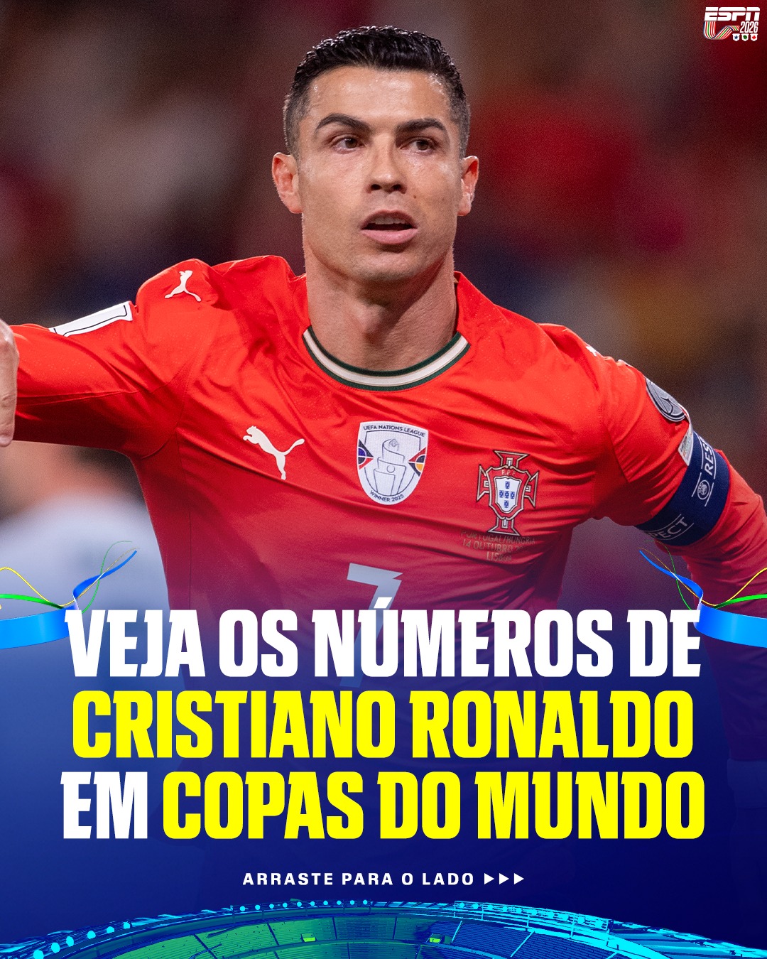 AS COPAS DE CR7! 👀🔥 Esses são os números de Cristiano Ronaldo em cada Copa do Mundo. Sua melhor campanha, junto de Portugal, foi em 2006, quando chegaram à semifinal do torneio.

Assista a Portugal x Chile AO VIVO, às 14h45, pela ESPN no Plano Premium do #DisneyPlus! 

#FutebolNaESPN #ESPN2026 #Portugal #CristianoRonaldo