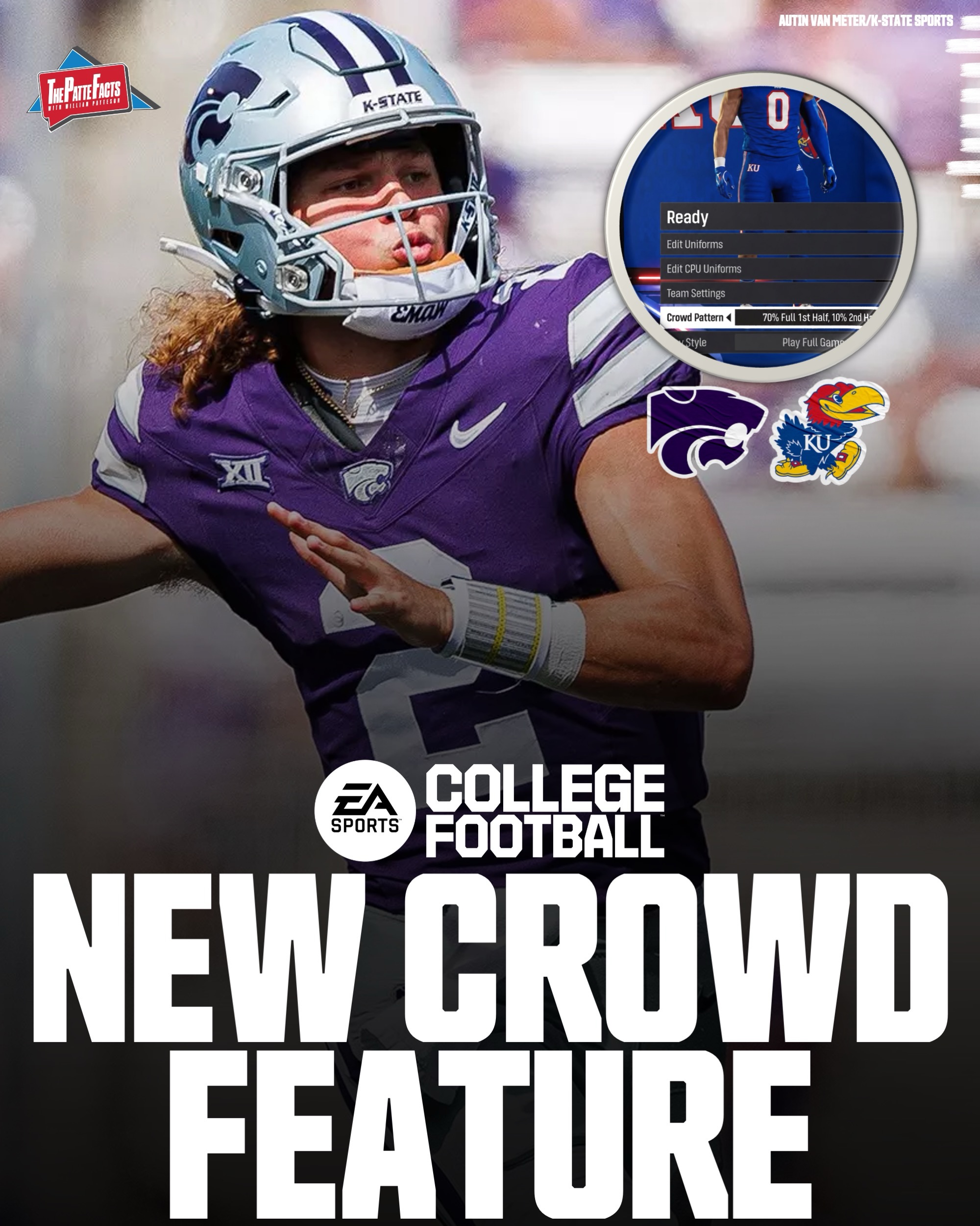 Kansas State Football fans are using EA Sports College Football 27’s NEW features to troll Kansas 😂

Kansas State Football fans online are trolling their rival Kansas by creating a fake screenshot revolving around the new dynamic crowd patterns in EA Sports College Football 27. 

“EA27 will allow the Kansas crowd to leave at halftime,” posted 785 Sports on X. “One of the best traditions in college sports is coming to CFB 27.”

Even in the offseason, the bitter rivals are still finding ways to take shots at each other.

The post comes 48 hours after EA Sports unveiled all of the new features for “College Football 27”, which includes the addition of “crowd patterns” for home teams to select in its popular Dynasty mode.

Comment what your “crowd pattern” would be for your biggest rival 😂

Photo attribution on slides.

#collegefootball #cfb #cfb26 #cfb25