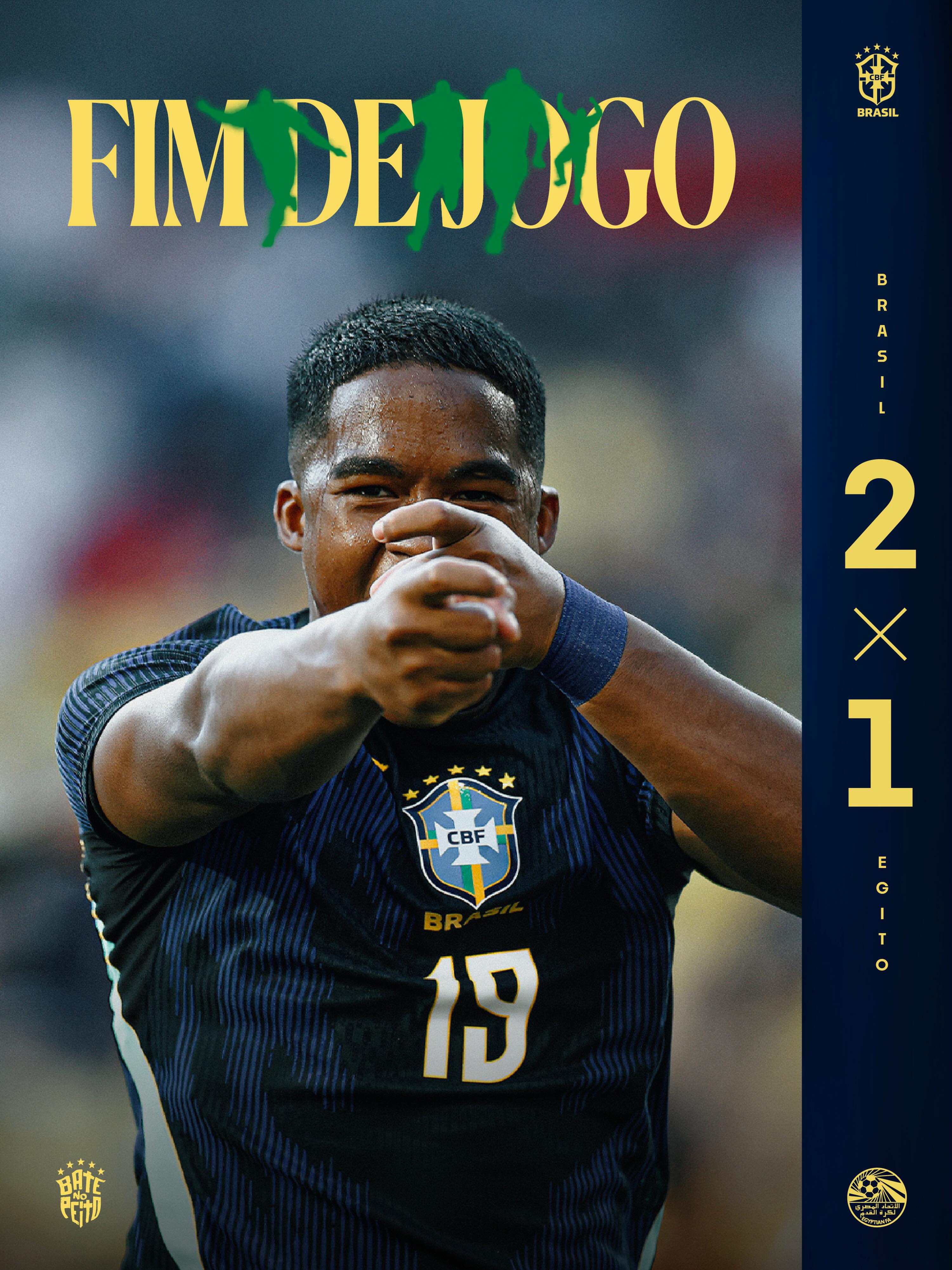 FIM DE JOGO EM CLEVELAND!

🇧🇷2-1🇪🇬

⚽️ Bruno Guimarães
⚽️ Endrick

Fim da preparação da Seleção Brasileira para a Copa do Mundo. 🇧🇷🏆

Agora é foco total na estreia da competição.

#BateNoPeito
ISSO É BRASIL! 🇧🇷