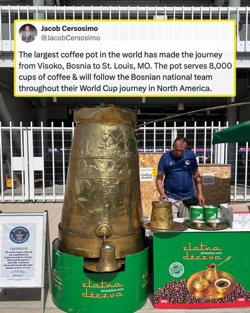 NEW CROSS COUNTRY ROADTRIP ODDITY UNLOCKED ✅

The world’s largest coffee pot will travel along with the Bosnian national team as they compete at the World Cup this summer. 

The coffee pot is a Guinness World Record holder that can contain more than 650 liters of coffee, and they gave all 8,000 cups away for free in St. Louis on Saturday 😮

If you want your caffeine fix, you’ll just have to follow the team to either Toronto, Los Angeles, or Seattle to find it ☕️ 

📸 @jacobcersosimo