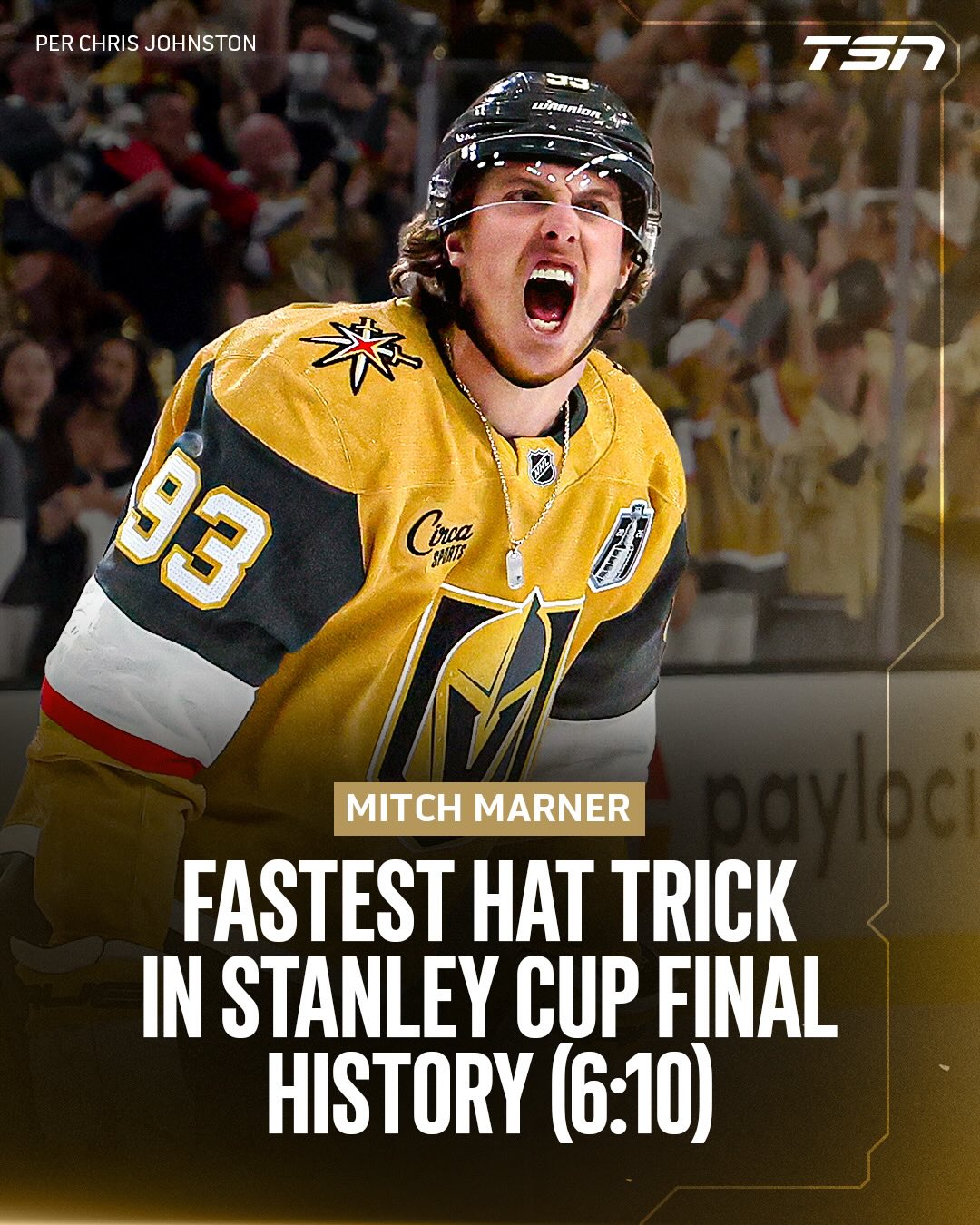 MITCH MARNER, ARE YOU KIDDING ME?!?!? 🤯

Marner scores the fastest hat trick in Stanley Cup Final HISTORY, a record previously held by Maurice Richard, and the Vegas Golden Knights are flying! 🔥

He now has the most points in a playoff run by a Golden Knight in their franchise history.

(via: @espn)