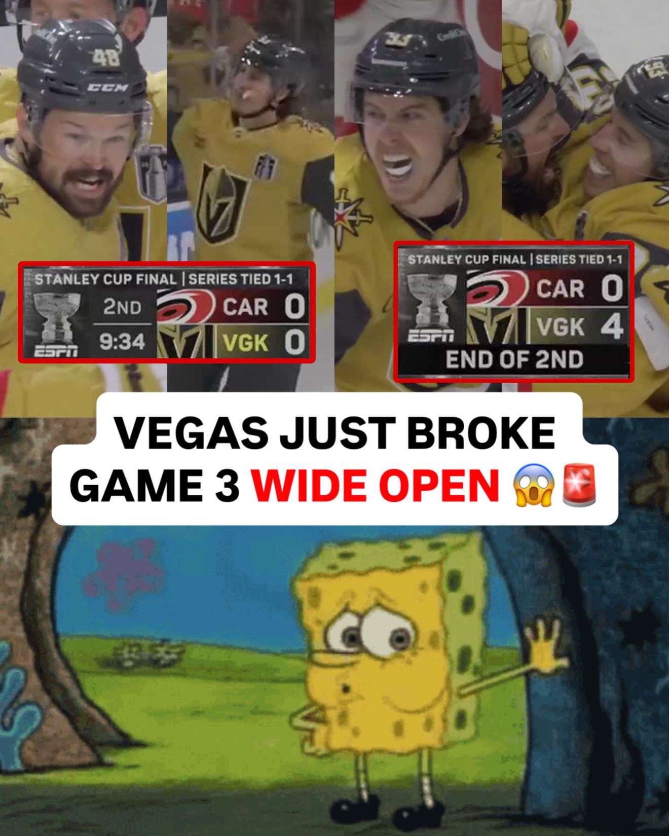 TWO GOALS IN 16 SECONDS. MARNER HATTY. VEGAS HAS JUST TAKEN OVER GAME 3 OF THE STANLEY CUP FINAL IN 9 MINUTES 😱