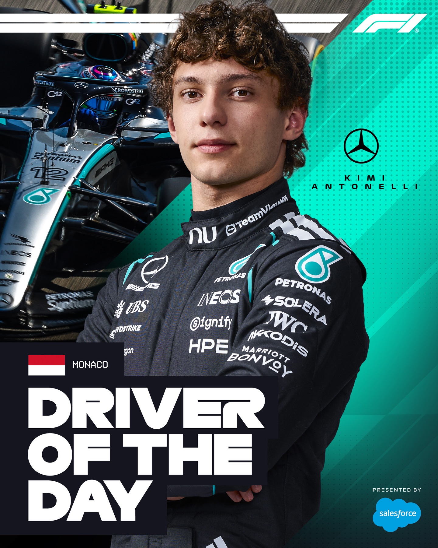 Your @salesforce Driver of the Day… who else but the Grand Slam kid, Kimi Antonelli?! 🤙

#F1 #Formula1 #MonacoGP @kimi.antonelli @mercedesamgf1