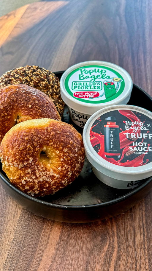 🚨 𝗕𝗔𝗚𝗘𝗟 𝗣𝗦𝗔 🚨

One of my favorite bagel spots in NYC, @popupbagels, has two incredible collab schmears available right now: 

🥒 Grillo’s Pickles Hot Pickle Butter
🌶️ Truff Hot Sauce Schmear

The hot pickle butter is so good and if you’re a pickle lover you need to try this but the Truff joe sauce schmear (available through June 17) completely stole the show for me. The combination of the warm bagels with that spicy truffle flavor was unreal.

If you’re not able to get these this week, don’t worry. They rotate their speciality schmears every week and are constantly coming up with creative new flavors. You really can’t go wrong with any of them and their original scallion cream cheese, which is always on the menu, is always a great option.