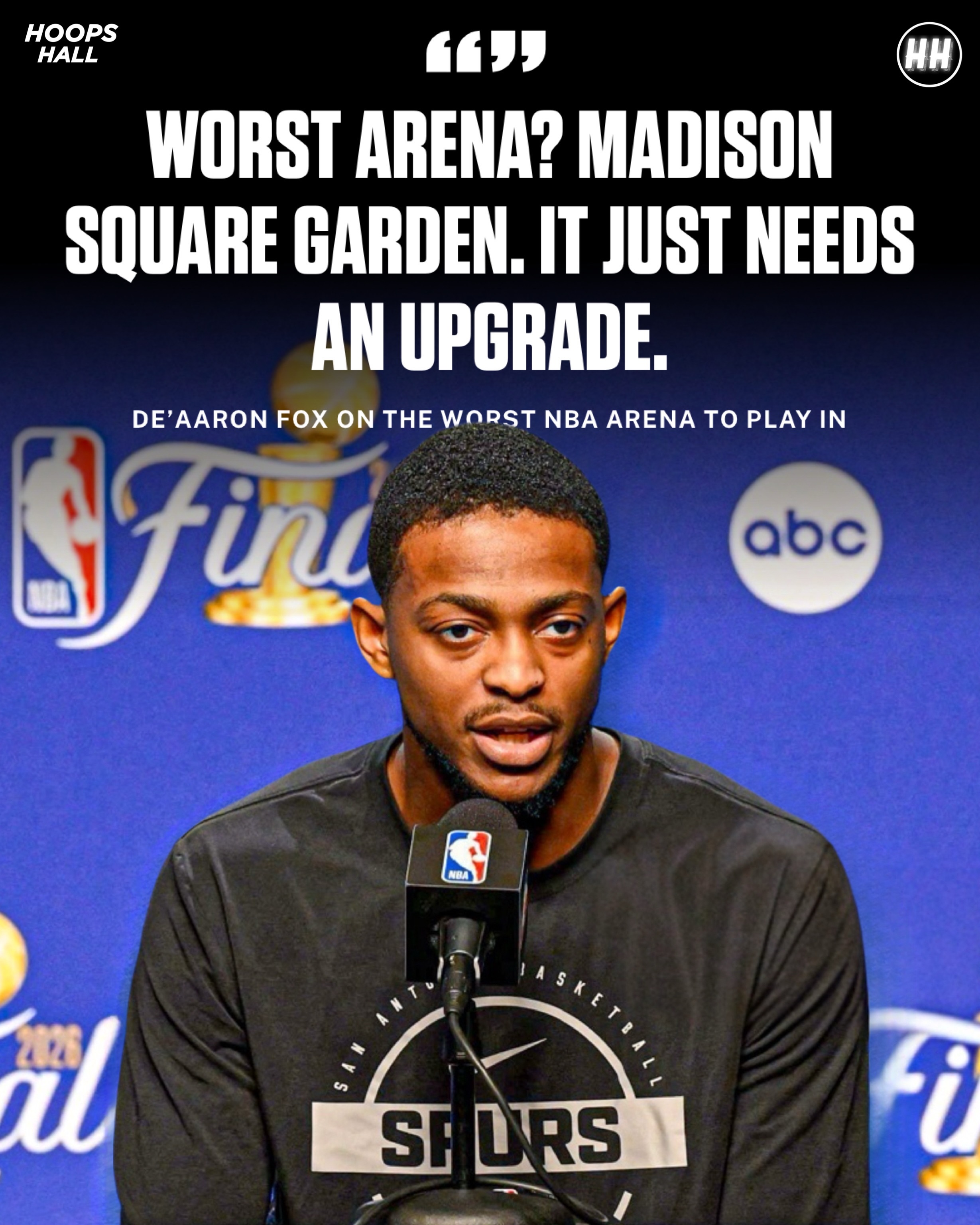 Back in 2024, De’Aaron Fox referred to Madison Square Garden as the worst NBA arena to play in 👀

Fast forward two years later and now he’s a San Antonio Spur playing in his first ever NBA Finals against the New York Knicks… Oh, and he’s down 0-2 on the road against the most passionate fans in the world. 

MSG is about to go crazy!! @bigknickenergy