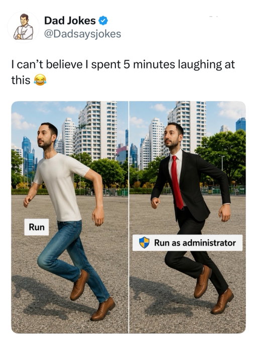 “Run as administrator” is a Windows feature that gives a program higher privileges than a normal application. It allows the software to make system-level changes, such as installing programs, editing protected files, changing settings, or managing other users.

This extra permission exists for security reasons. By default, programs run with limited access so that bugs or malware cannot easily damage the system. When you choose “Run as administrator,” you are explicitly telling Windows that you trust the program to perform tasks that require elevated access.

Like this content? Follow us for more @dadsaysjokes ❤️