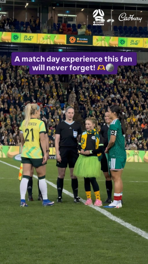 A match day experience this fan will never forget! 🫶🪙

For Saturday’s Coin Toss, our partner @cadburyaust surprised a special winner to flip the coin and share the stage with their heroes. A birthday she’ll remember forever! 💜

#Matildas #AUSvMEX