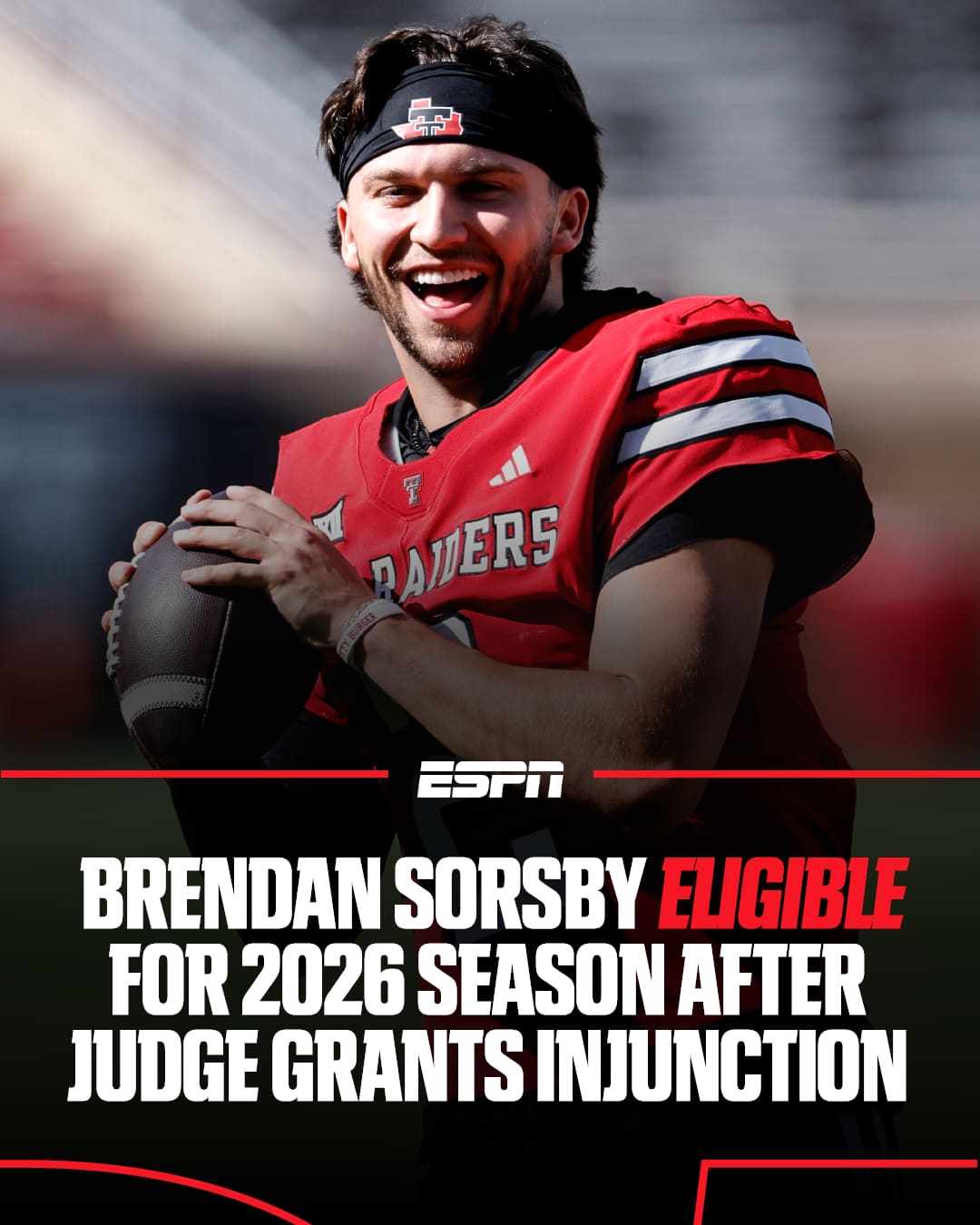 Breaking: A judge in district court in Lubbock County, Texas, has granted the injunction requested by Texas Tech QB Brendan Sorsby. He’s set to be eligible for the 2026 season.

Sorsby cannot play in Texas Tech's first two games, which was the penalty his legal team suggested to the NCAA. Link in bio for more.
