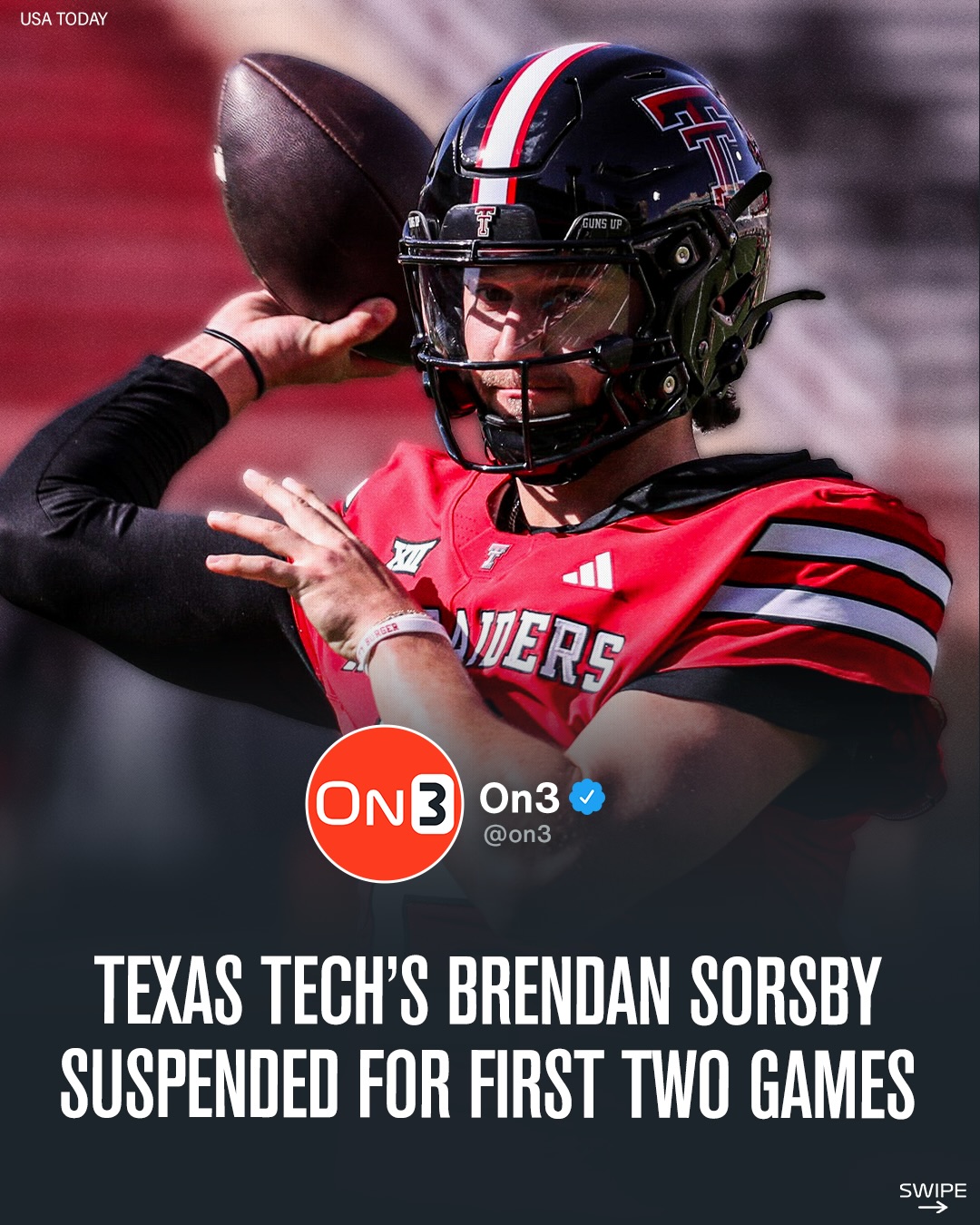 Texas Tech QB Brendan Sorsby will be suspended the first two games this upcoming season👀

The Red Raiders are set to take on Abilene Christian and Oregon State week one and two. 

Follow @On3CFB for year round
College Football content