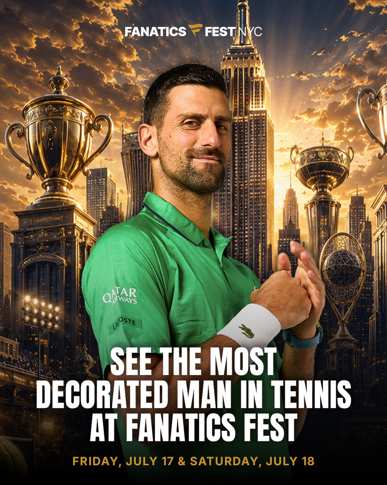 24 Grand Slams. Olympic gold. Countless iconic moments. One legendary Fanatics Fest appearance.

Novak Djokovic is coming to Fanatics Fest NYC July 17 & 18. 🏆

Don’t miss it. Tickets available now at the link in bio. 🎟️
