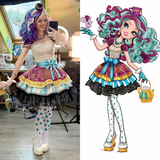 My finished Maddie Hatter cosplay side by side 🥰💜
I cannot believe how this turned out 🥹

#everafterhigh #maddiehatter #sewing #diy #cosplay
