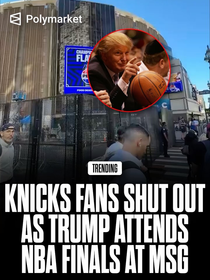 A watch party outside Madison Square Garden for Game 3 of the NBA Finals has been canceled after President Donald Trump announced plans to attend the game, triggering heightened security measures from the U.S. Secret Service and the NYPD. 

City officials said fans will instead be directed to free watch parties at Bryant Park, Central Park, and Brooklyn Bowl, while the popular MSG watch party is expected to return for Game 4 on Wednesday.

Traders predict a 98% chance Trump will attend the NBA Finals.