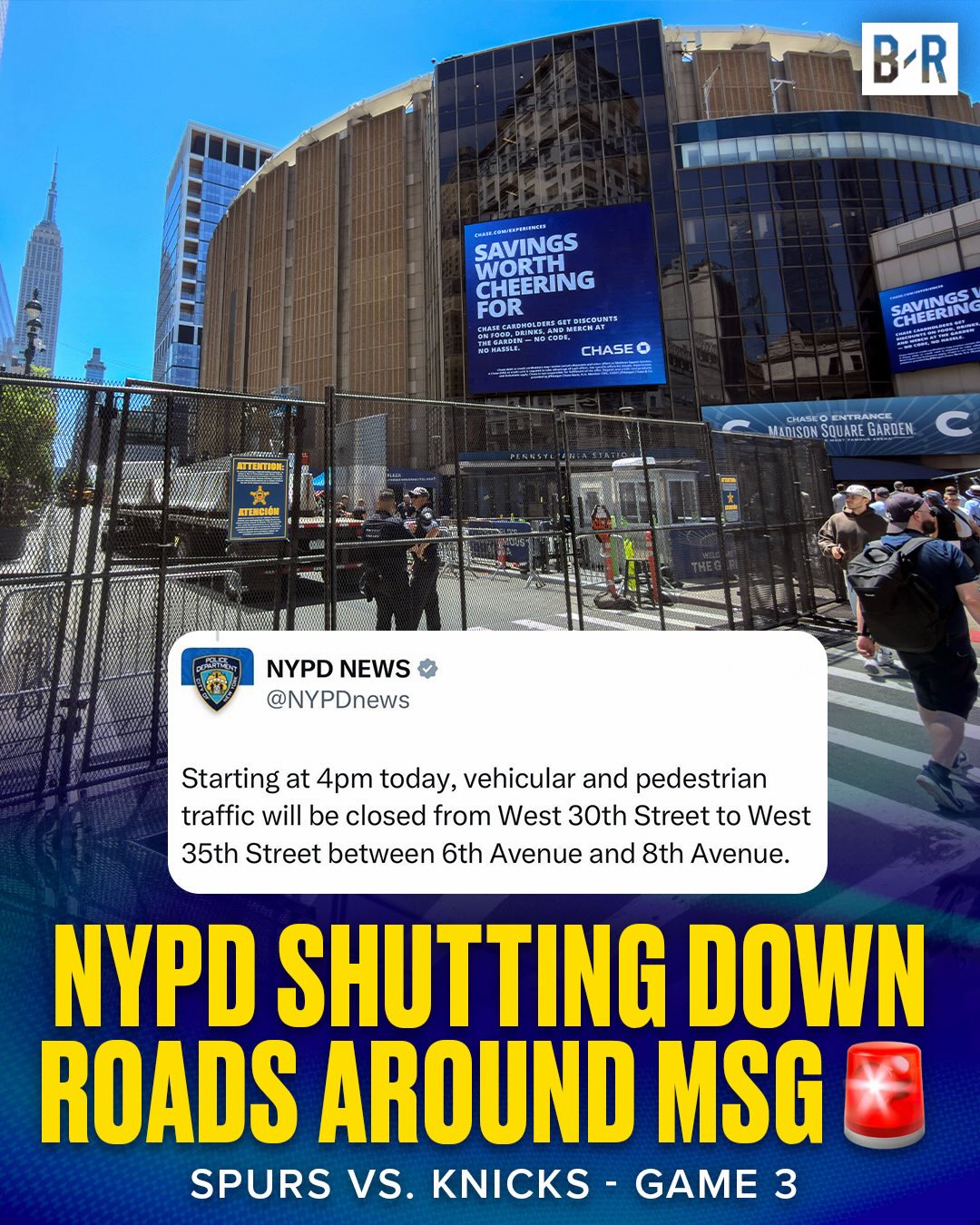 New York Police heightens security for Knicks-Spurs Game 3 around Madison Square Garden on Monday night 😳

Five blocks will be shut down around MSG for vehicles and pedestrians

(via @nypd)