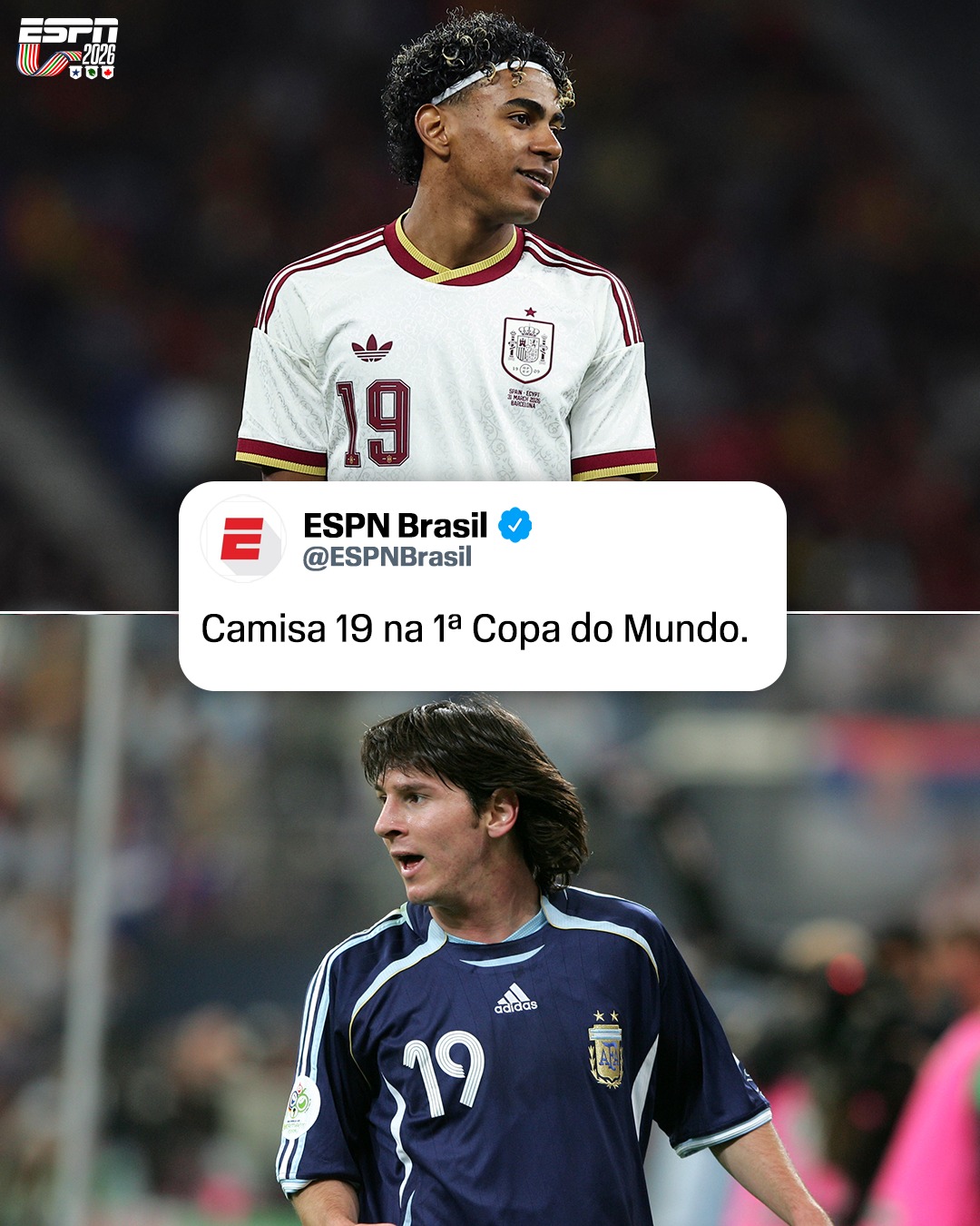 A camisa 19 é pesada quando se trata desses dois. ❤1️⃣9️⃣ Lamine Yamal usará a camisa 19 em sua primeira Copa do Mundo pela Espanha, o mesmo número que Lionel Messi utilizou em 2006.

Assista à Copa do Mundo FIFA pela Cazé TV, no #DisneyPlus, sem custo adAssista à Copa do Mundo FIFA pela Cazé TV, no #DisneyPlus, sem custo adicional.

#ESPN2026