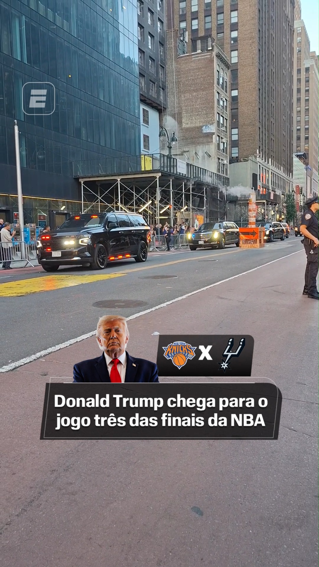O presidente dos Estados Unidos, Donald Trump, chegou para assistir ao jogo três das finais da NBA, entre New York Knicks e San Antonio Spurs, nesta segunda-feira (8).

#NBAnaESPN
