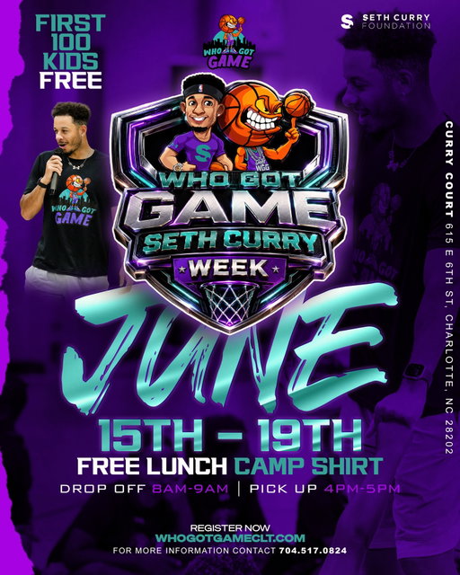 Next Week Who Got Game Summer Basketball Camp Is Back! Kicking It Off With Seth Curry Week! First 100 Kids To Sign Up Will Be Completely FREE Courtesy Of Seth Curry & The Seth Curry Foundation 🙏🏽 Can’t Wait To See Y’all There! 🏀