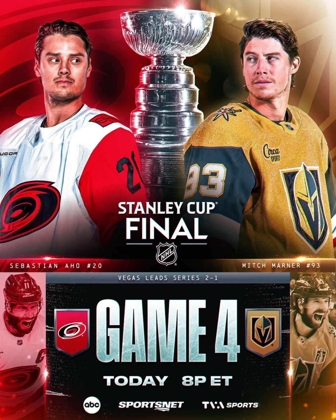Will the Canes even the series, or will the Golden Knights take a 3-1 series lead? 👀 ⁣
⁣
Don't miss Game 4 of the #StanleyCup Final between the @canes and @vegasgoldenknights TONIGHT at 8p ET on ABC, @sportsnet, & @tvasports!