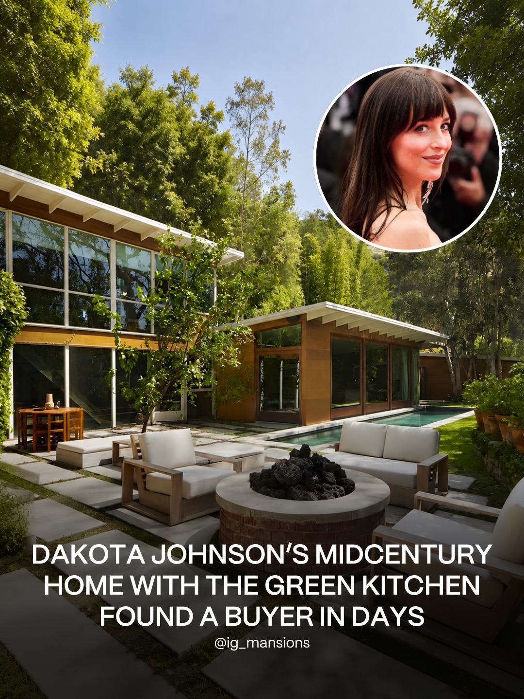 Dakota Johnson listed her West Hollywood midcentury home for $6 million, and it went under offer almost immediately 🍋‍🟩 Built in 1947 by architect Carl Maston, the home became famous after Johnson opened it up for Architectural Digest, showing off its warm wood, glass walls, leafy setting, and of course, the green kitchen.  She bought it in 2016 for $3.55M after starring in Fifty Shades of Grey.⁠
⁠
📍Los Angeles, California⁠
3 Beds · 3 Baths · 3,210 Sq. Ft. ⁠
Listed at $6,000,000 by Ruby Fay of @evbeverlyhills⁠
⁠
📷 Photo by Gabriel Hutchinson / WikiPortraits, CC BY-SA 4.0⁠
⁠
#igmansions #dakotajonson #greenkitchen