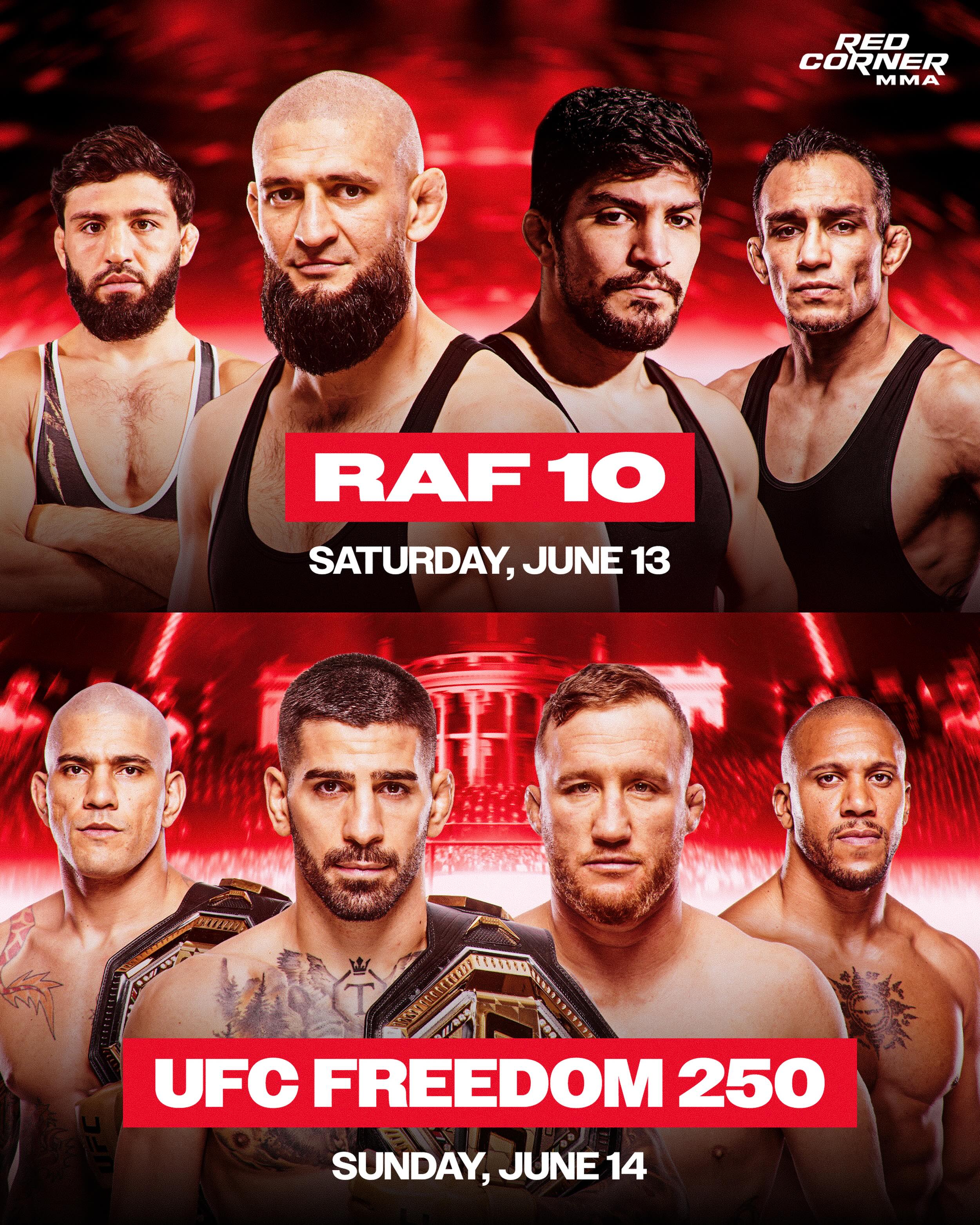 A huge weekend in combat sports is here. RAF 10 kicks things off on Saturday, June 13, with Khamzat Chimaev making his RAF debut against Dillon Danis, while Arman Tsarukyan takes on former UFC interim lightweight champion Tony Ferguson in the co-main event.

The action continues Sunday, June 14, at UFC Freedom 250, a once-in-a-lifetime event on the White House lawn, headlined by Ilia Topuria vs. Justin Gaethje for the lightweight title.

Alex Pereira and Ciryl Gane are also set to compete in the co-main event for the interim heavyweight title, as Pereira looks to capture a belt in three weight classes, making this one of the biggest weekends of the year for fight fans. 🤩