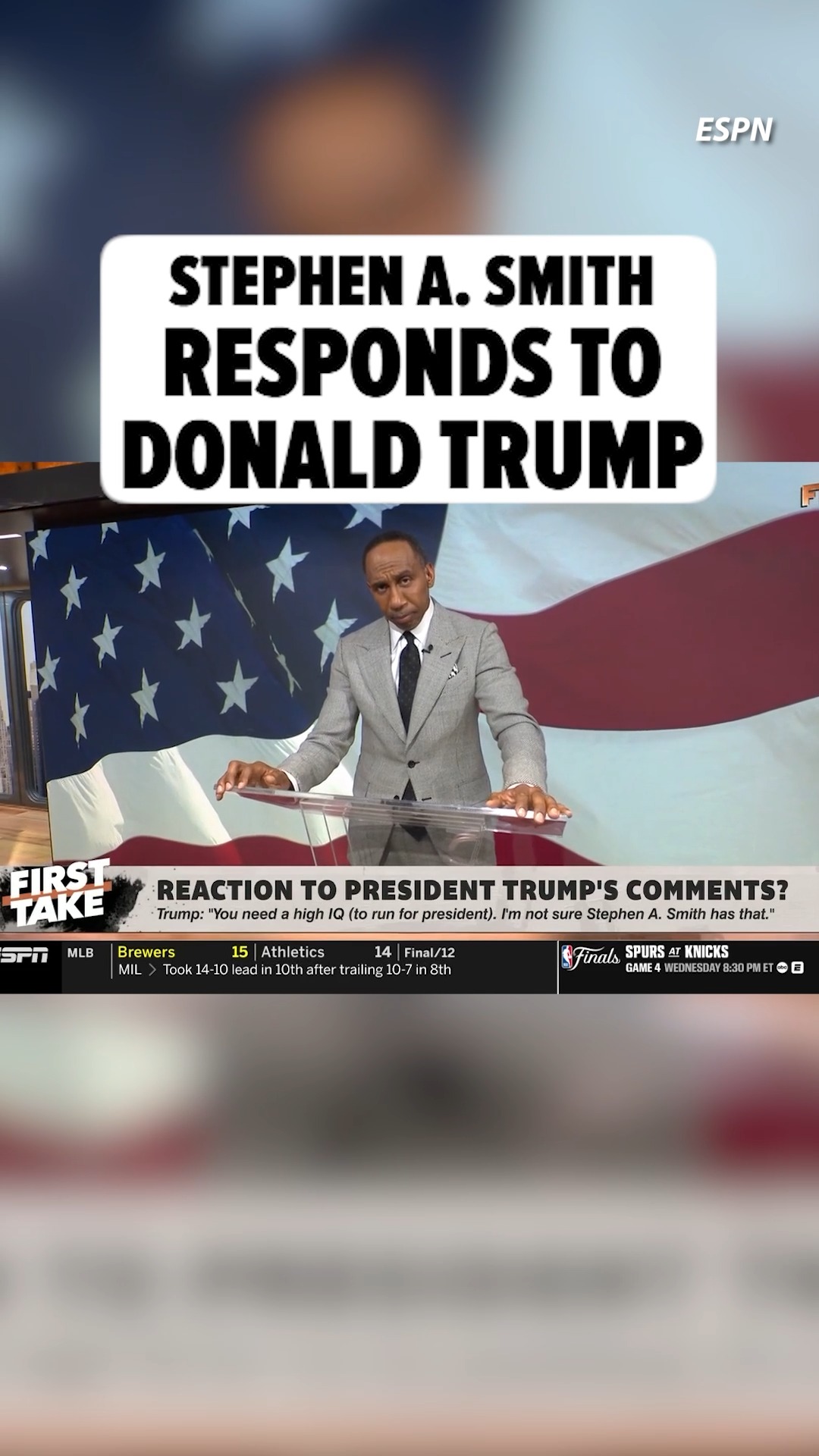 - Stephen A. Smith clapped back at President Trump for seemingly falling asleep during game 3 of the NBA Finals -- saying, "Didn't you call out former President Joe Biden, 'Sleepy Joe'? Well, what should we call you?”

🎥: ESPN