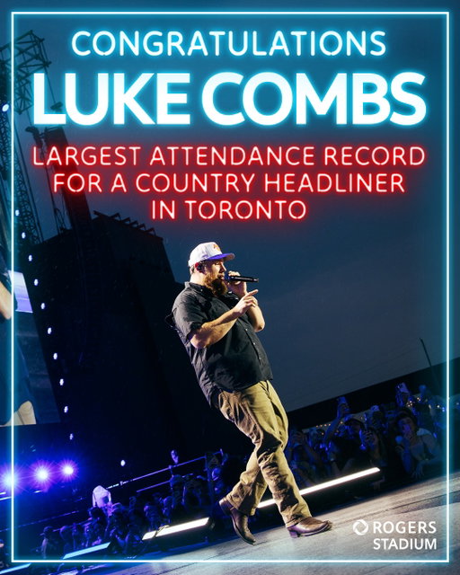 History made 🔥 Congratulations, @lukecombs! 

With nearly 100,000 fans attending two back-to-back shows at Rogers Stadium, the My Kinda Saturday Night makes history in Canada, officially marking the largest attendance record for a country headliner in Toronto.